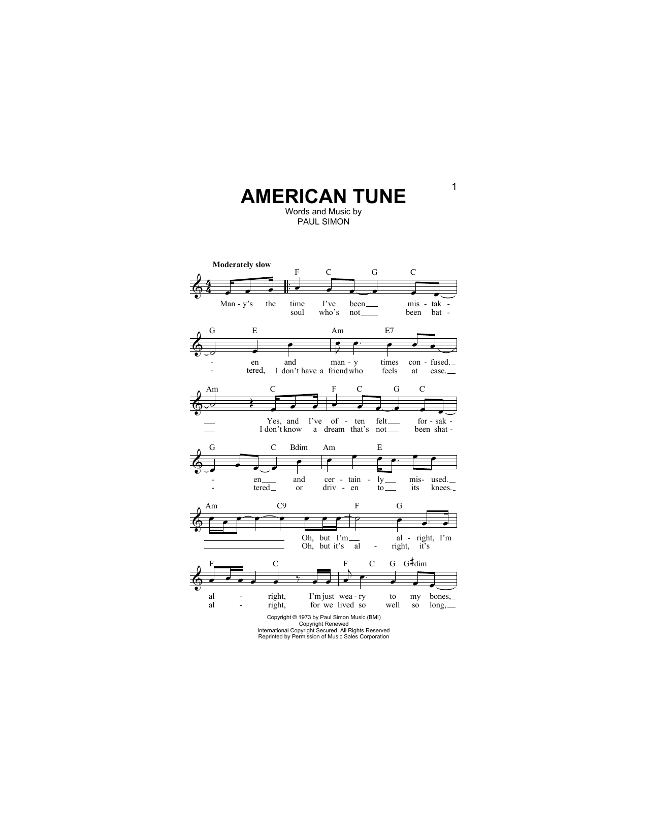 American Tune (Lead Sheet / Fake Book) von Paul Simon