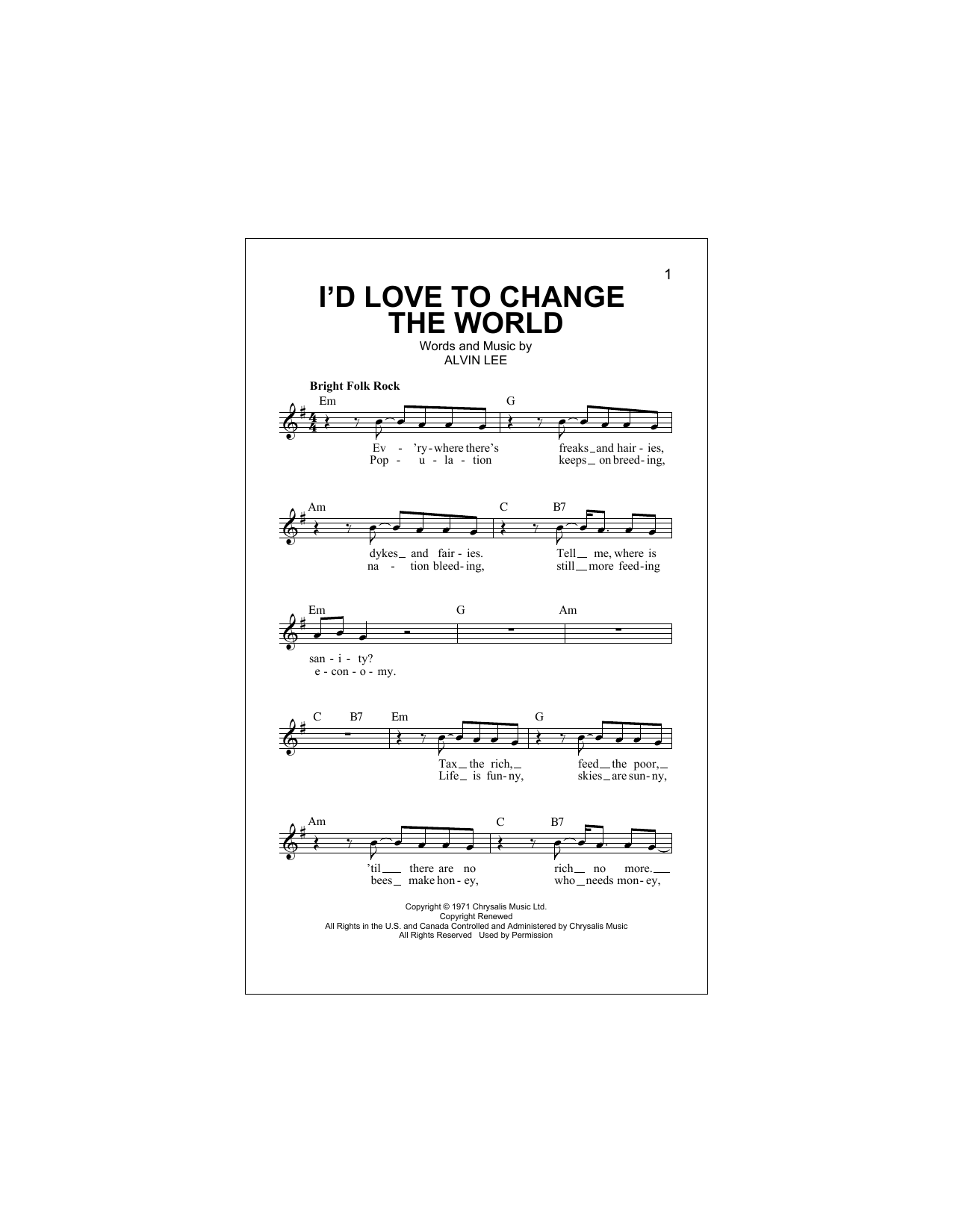 I'd Love To Change The World (Lead Sheet / Fake Book) von Ten Years After