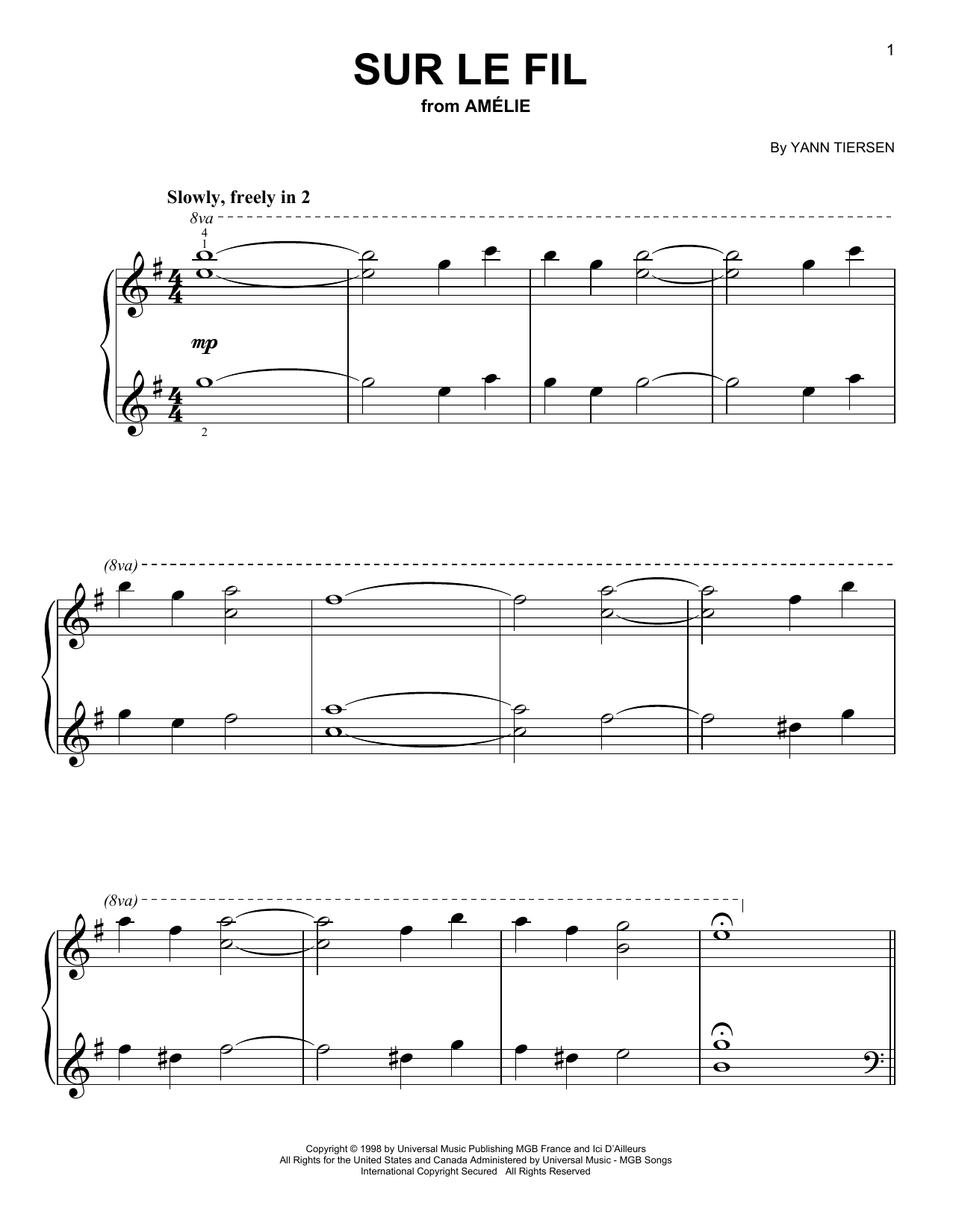 Sur Le Fil (Easy Piano) von Yann Tiersen