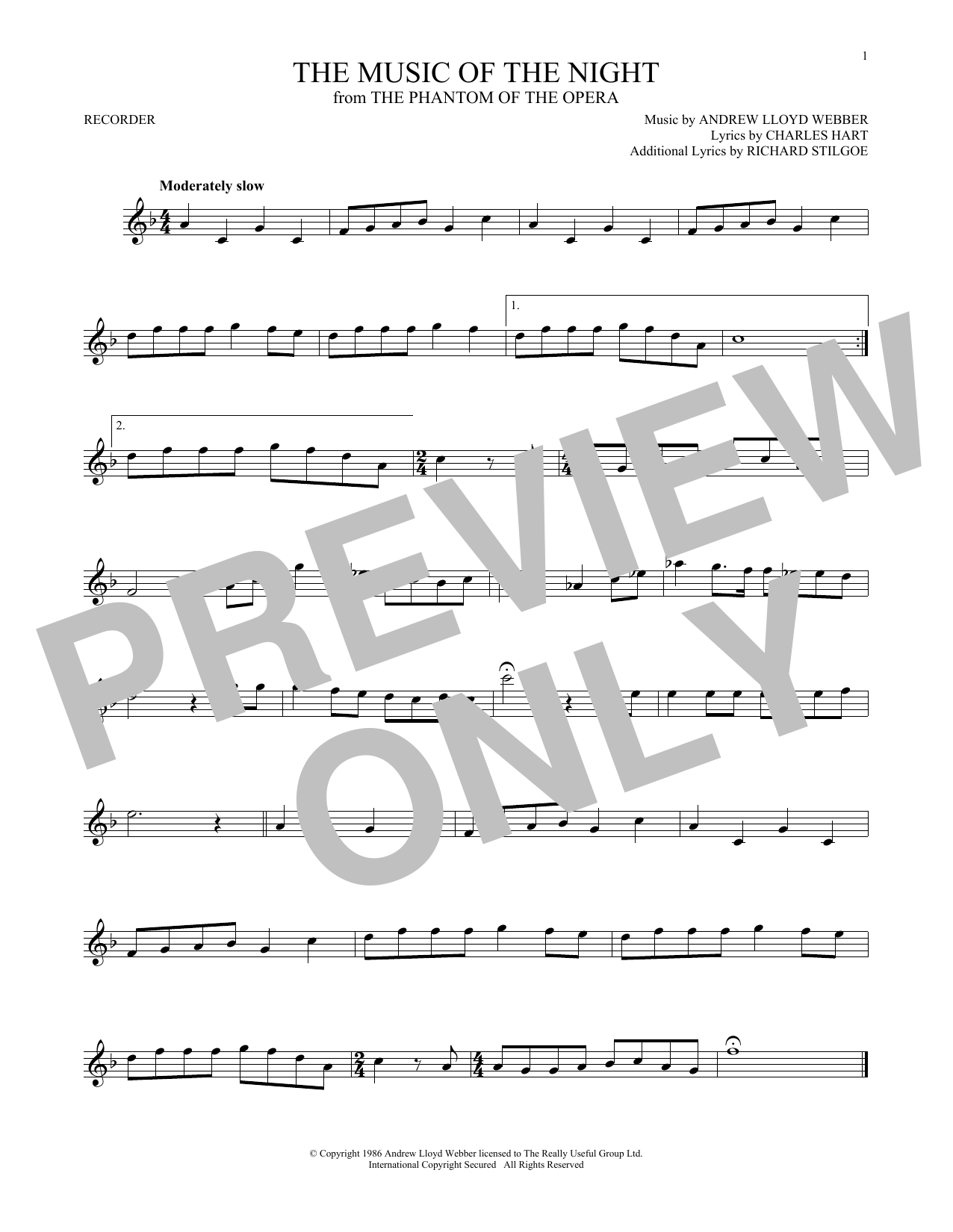 The Music Of The Night (from The Phantom Of The Opera) (Recorder Solo) von Andrew Lloyd Webber