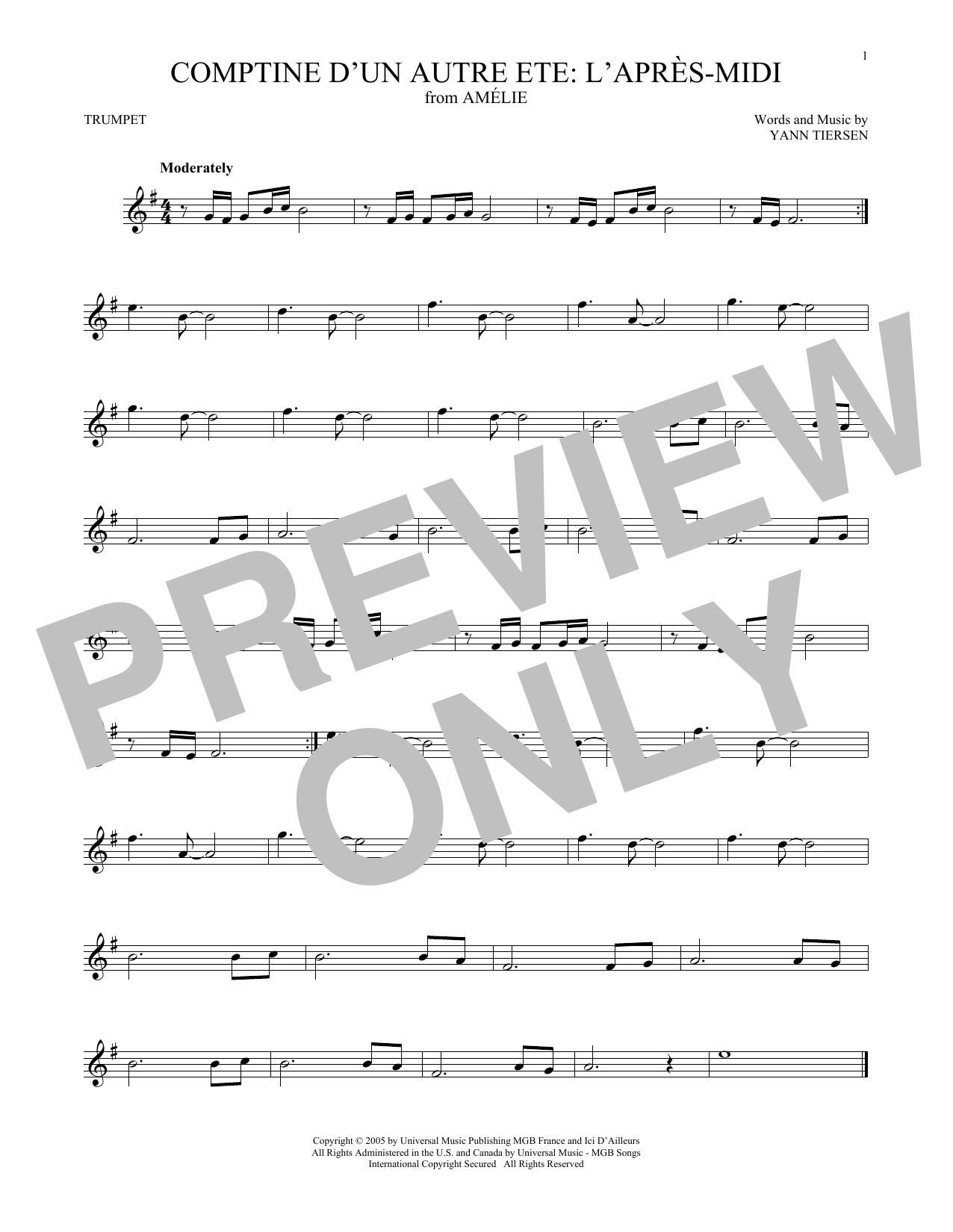 Comptine d'un autre t: L'aprs-midi (from Amelie) (Trumpet Solo) von Yann Tiersen