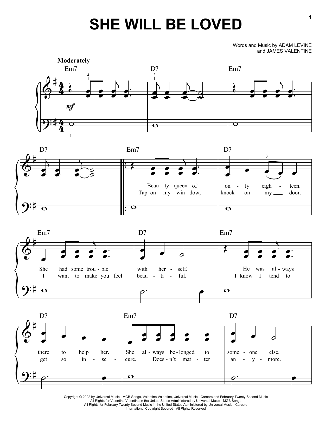 She Will Be Loved (Very Easy Piano) von Maroon 5
