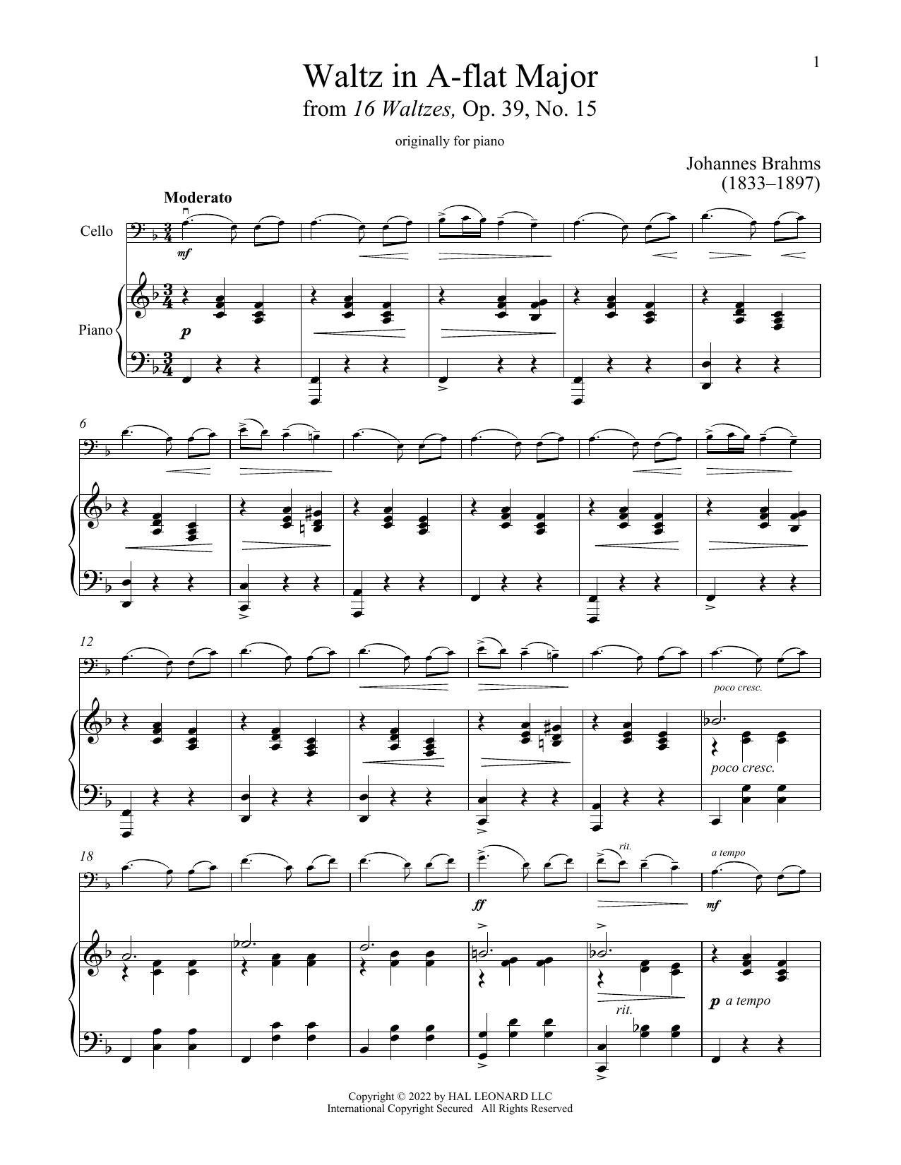 Waltz In A-Flat Major, Op. 39, No. 15 (Cello and Piano) von Johannes Brahms