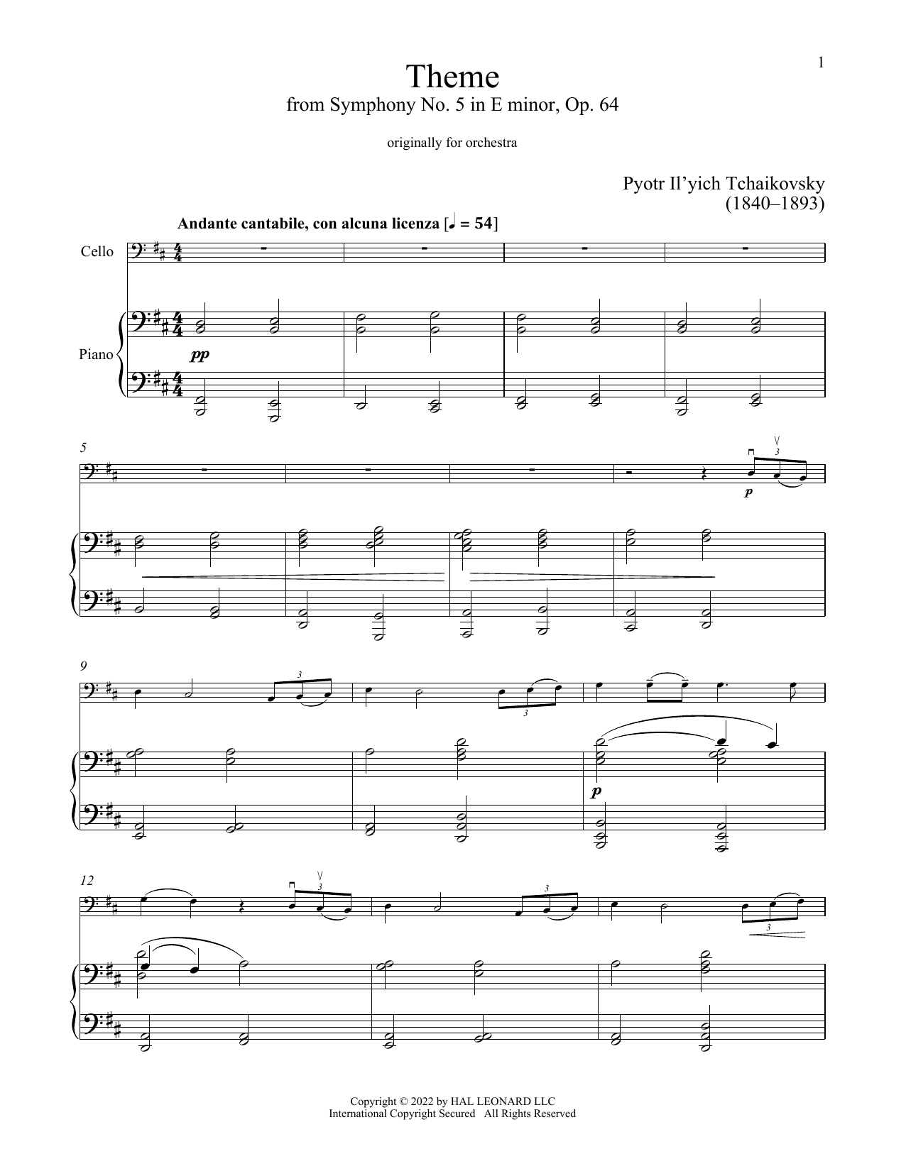 Andante Cantabile (Cello and Piano) von Pyotr Il'yich Tchaikovsky