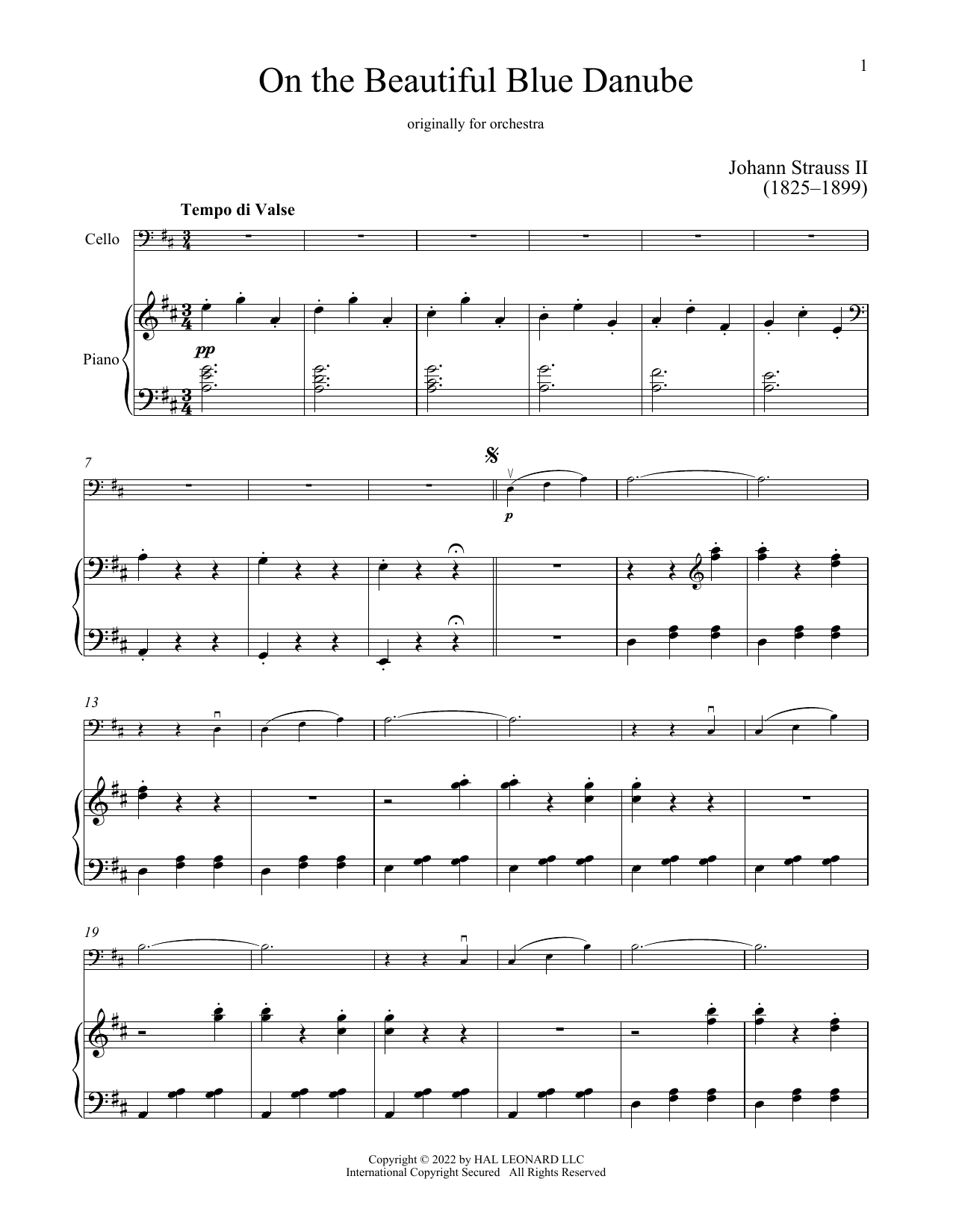 The Beautiful Blue Danube, Op. 314 (Cello and Piano) von Johann Strauss II
