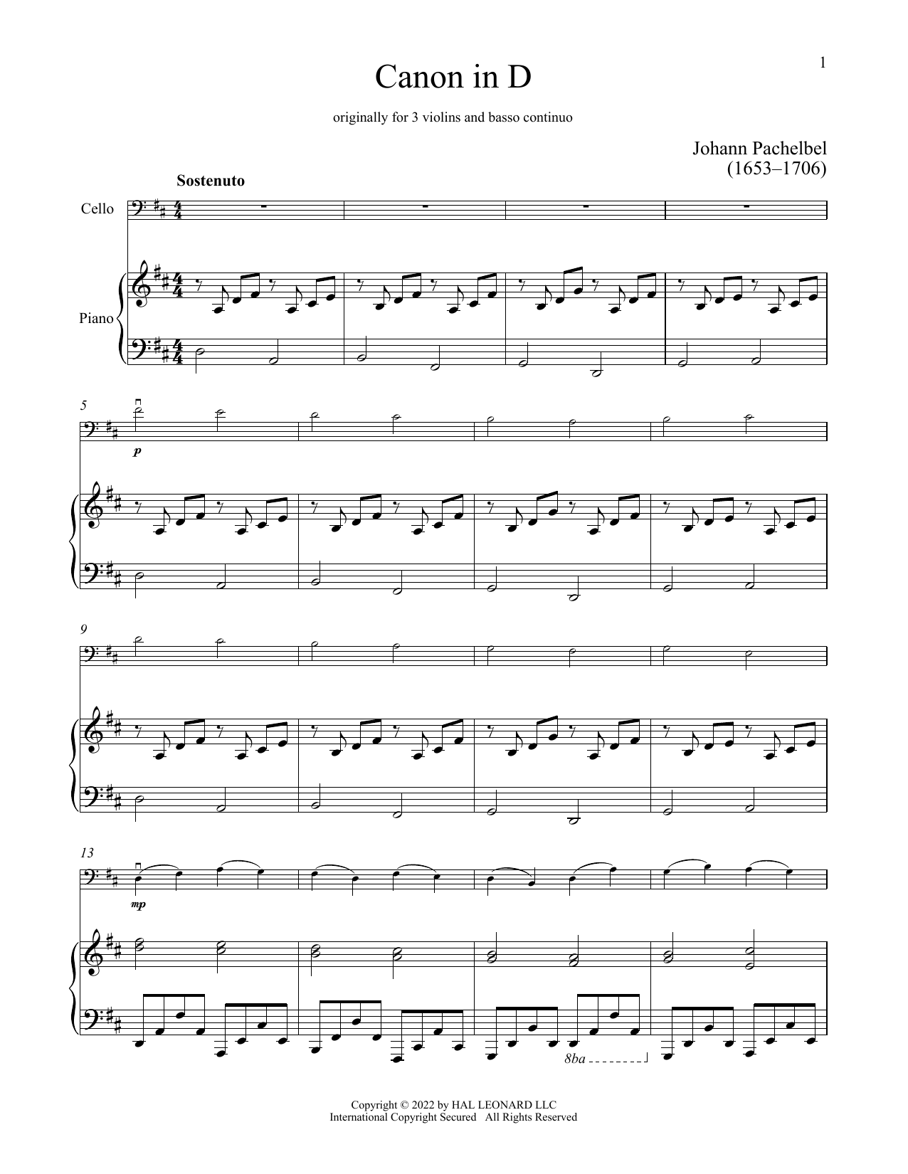 Canon In D (Cello and Piano) von Johann Pachelbel