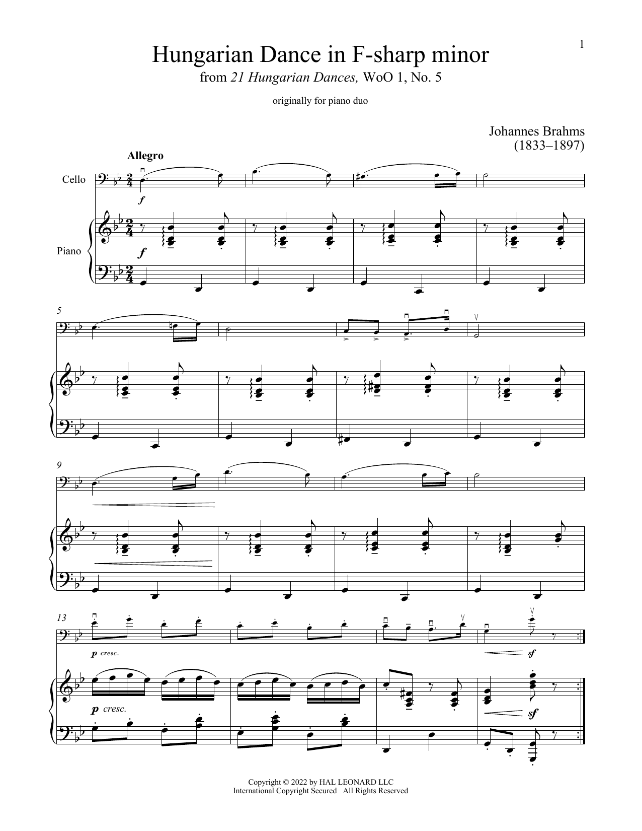 Hungarian Dance No. 5 (Cello and Piano) von Johannes Brahms