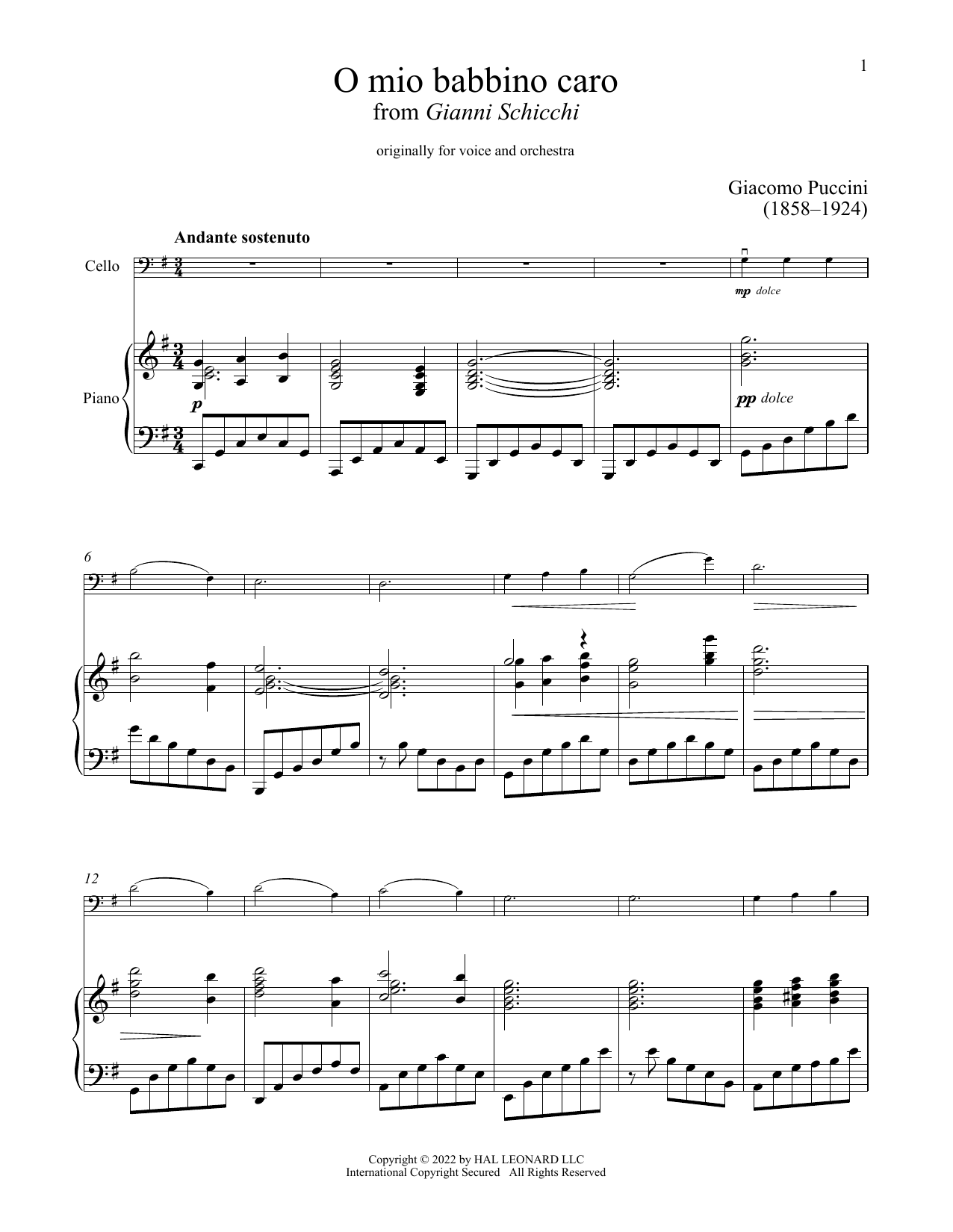 O Mio Babbino Caro (Cello and Piano) von Giacomo Puccini
