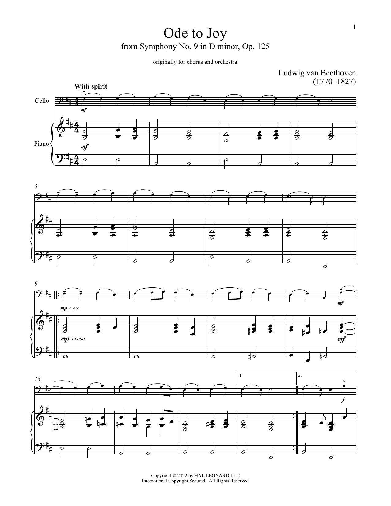 Ode To Joy (Cello and Piano) von Ludwig van Beethoven