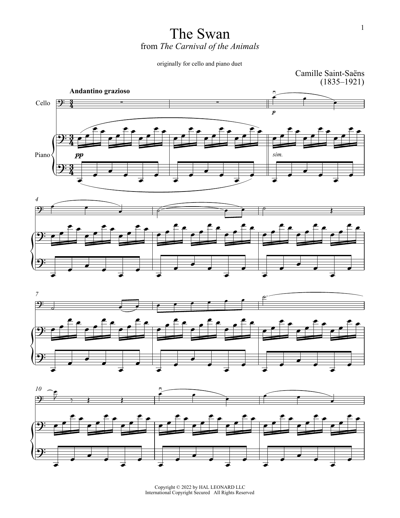 The Swan (Le Cygne) (Cello and Piano) von Camille Saint-Saens