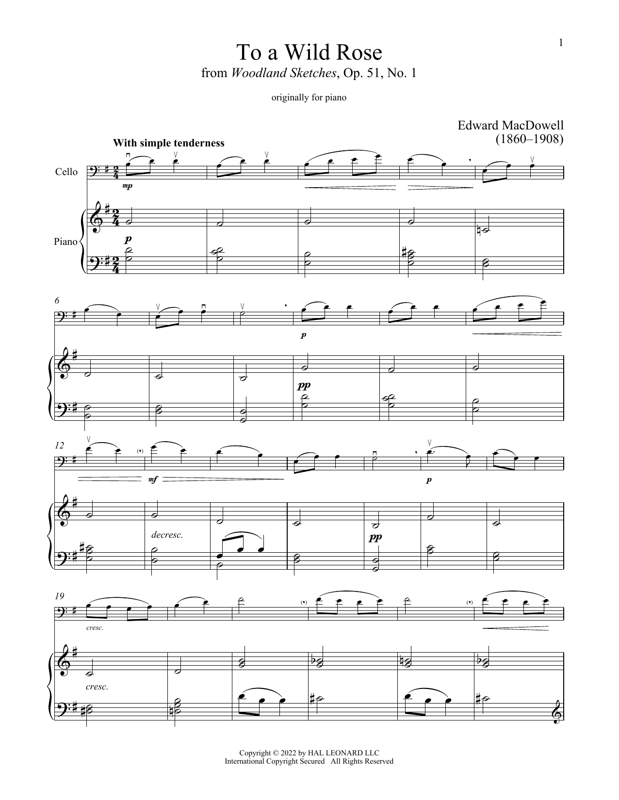 To A Wild Rose, Op. 51, No. 1 (Cello and Piano) von Edward MacDowell