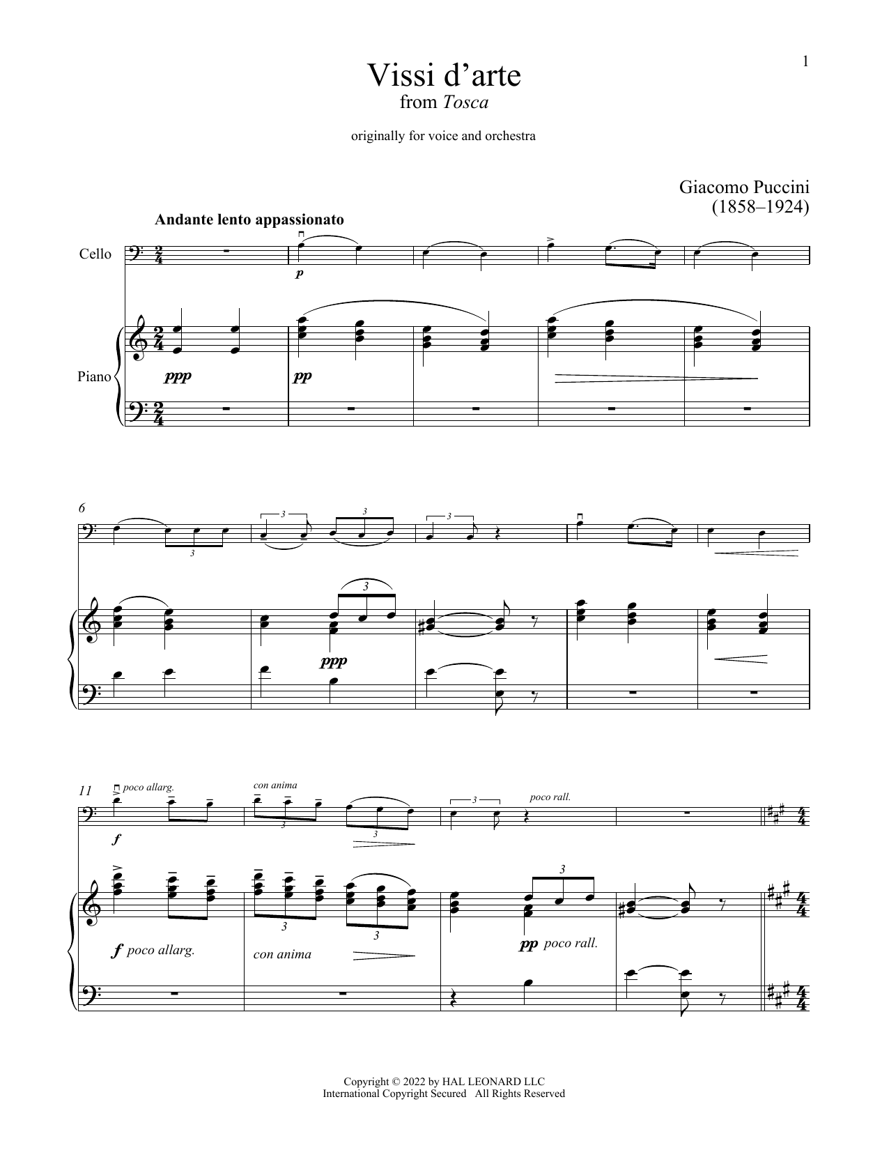 Vissi D'Arte, Vissi D'Amore (Cello and Piano) von Giacomo Puccini