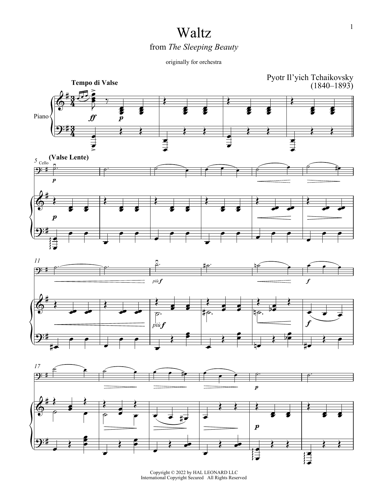 The Sleeping Beauty Waltz (Cello and Piano) von Pyotr Il'yich Tchaikovsky