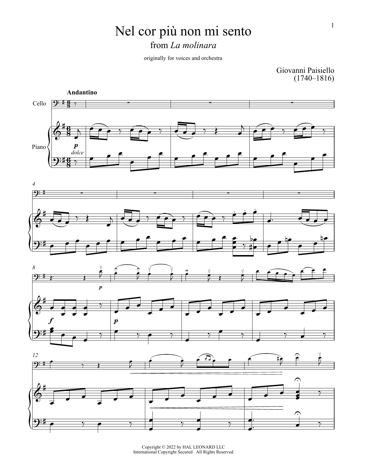 Nel Cor Piu Non Mi Sento (Cello and Piano) von Giuseppe Palomba