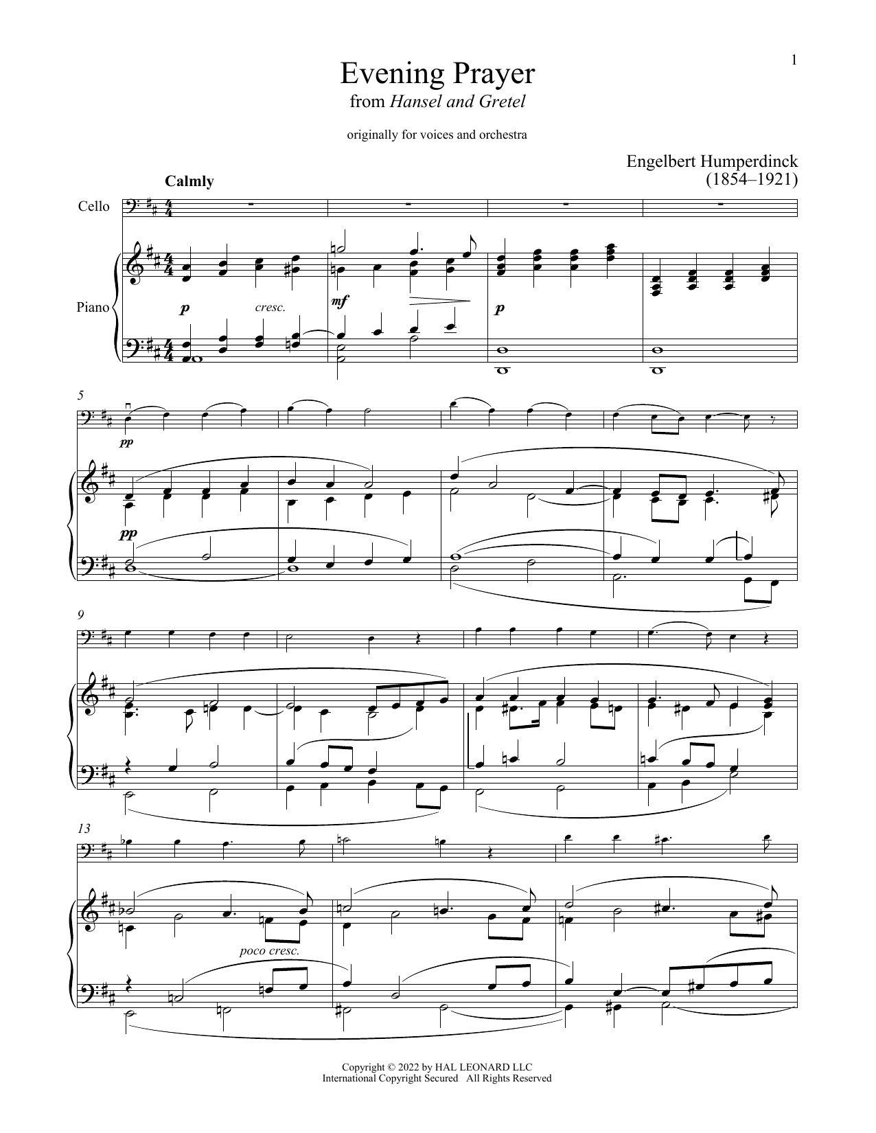 Evening Prayer (Cello and Piano) von Engelbert Humperdinck