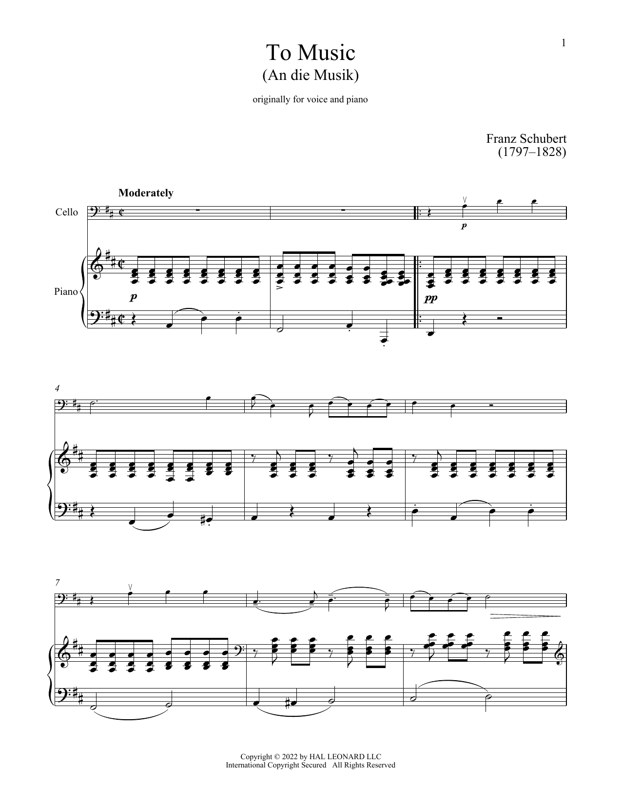 An Die Musik (Cello and Piano) von Franz Schubert