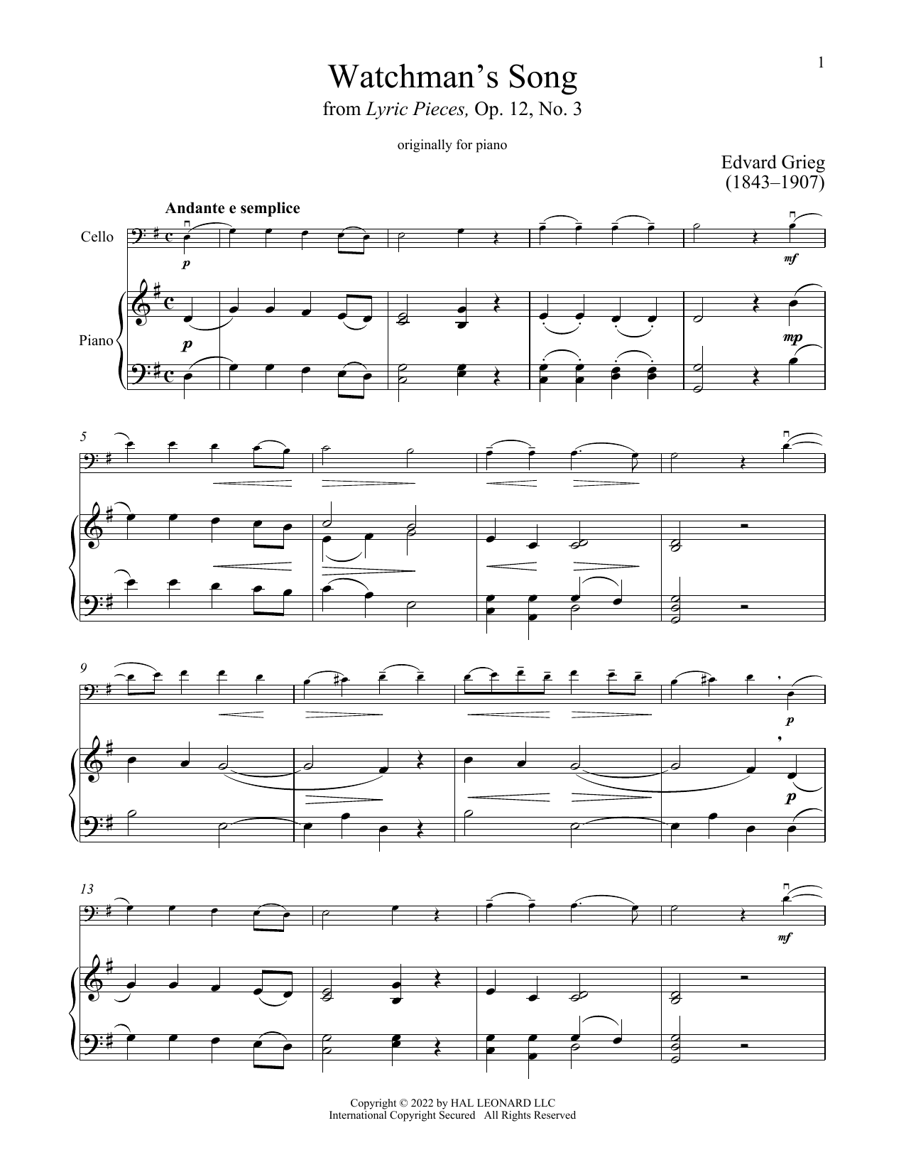 Watchman's Song, Op. 12, No. 3 (Cello and Piano) von Edvard Grieg