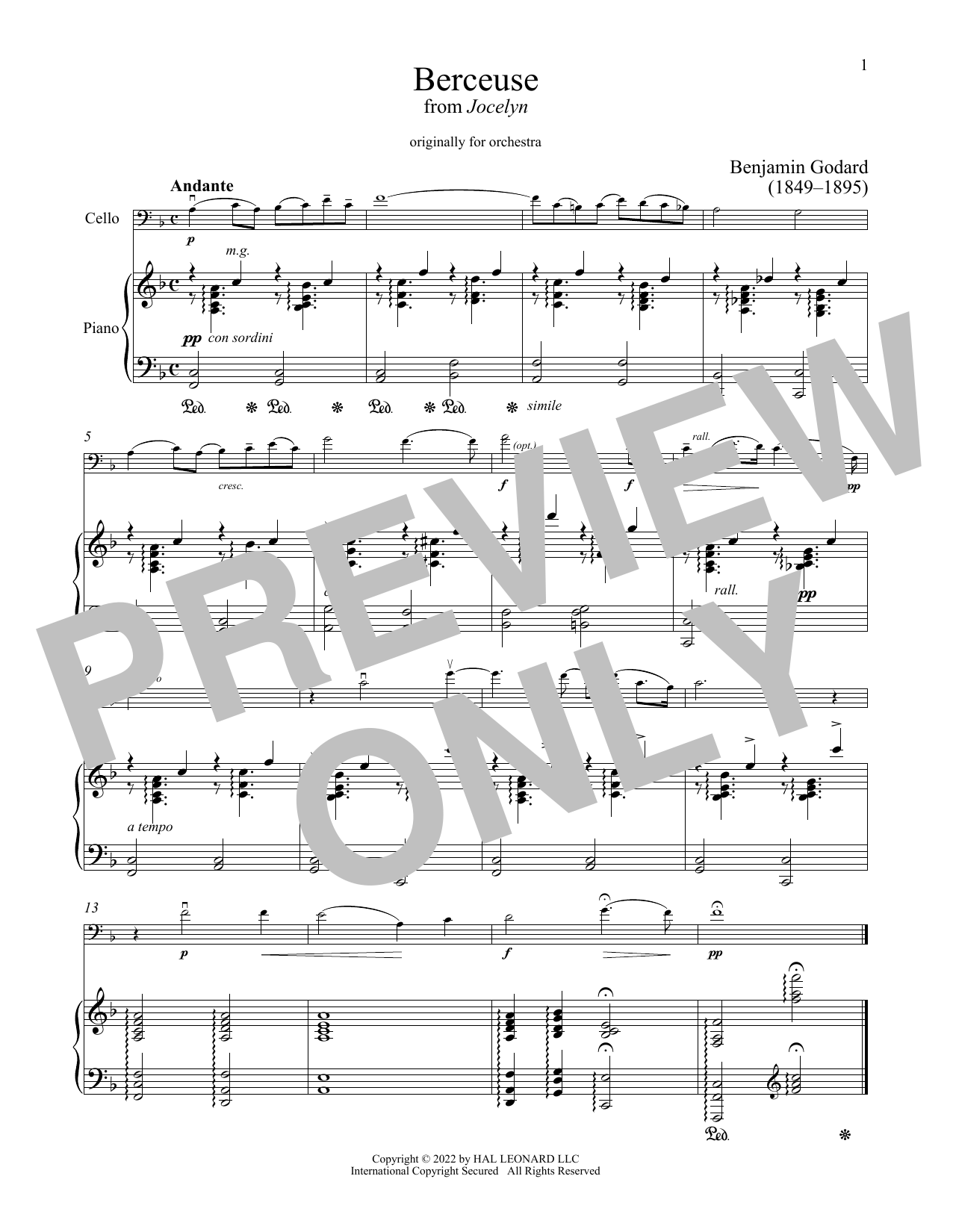 Berceuse (from Jocelyn) (Cello and Piano) von Benjamin Godard