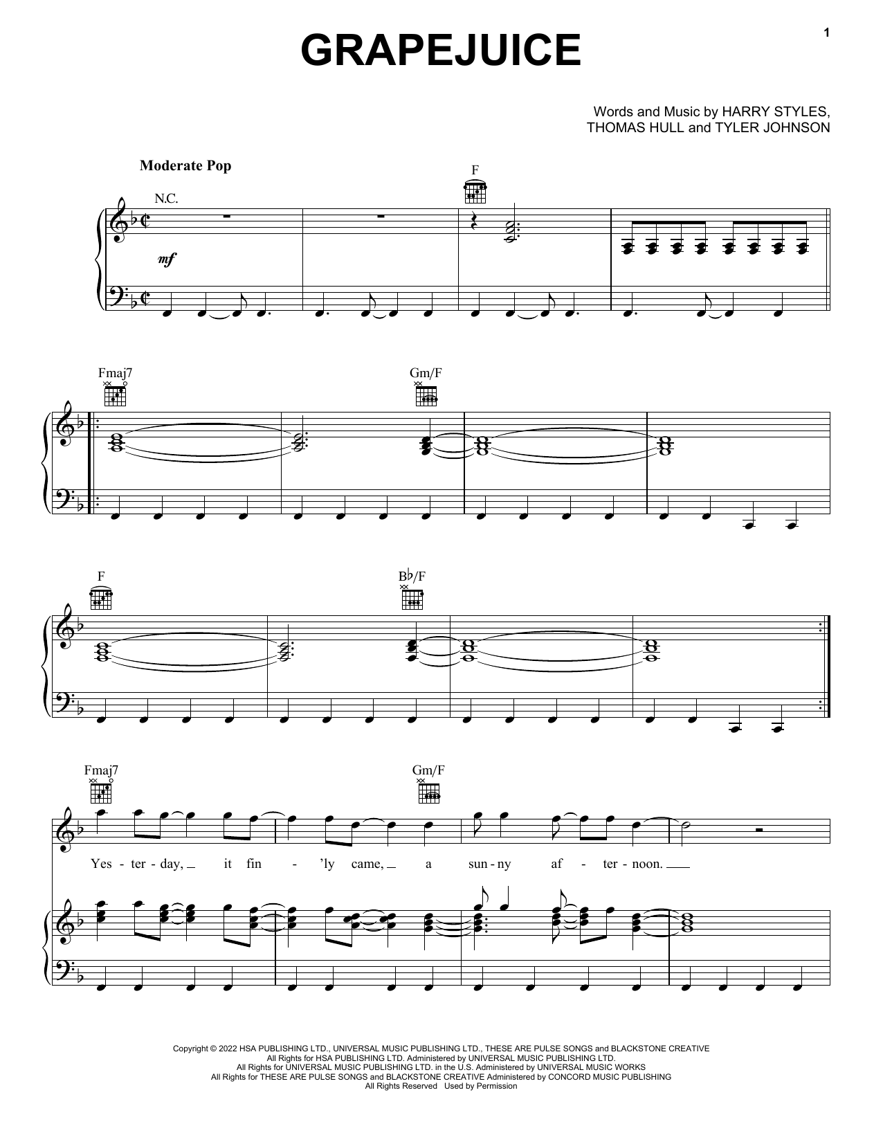Grapejuice (Piano, Vocal & Guitar Chords (Right-Hand Melody)) von Harry Styles