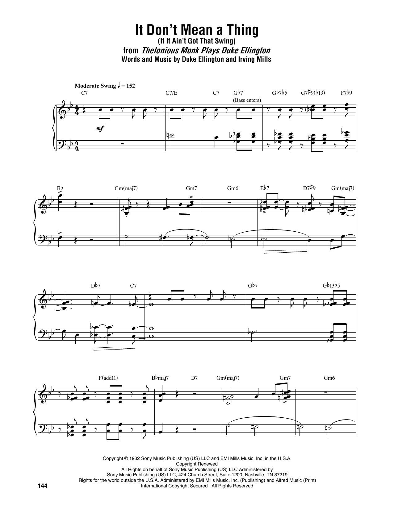 It Don't Mean A Thing (If It Ain't Got That Swing) (Piano Transcription) von Thelonious Monk