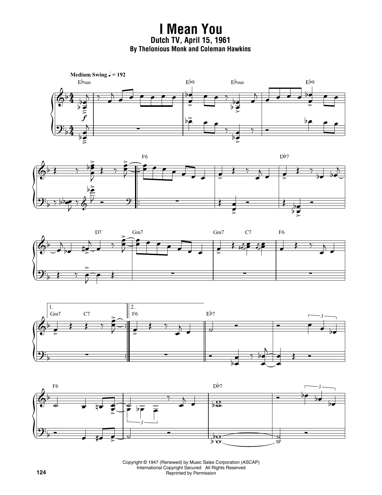 I Mean You (Piano Transcription) von Thelonious Monk