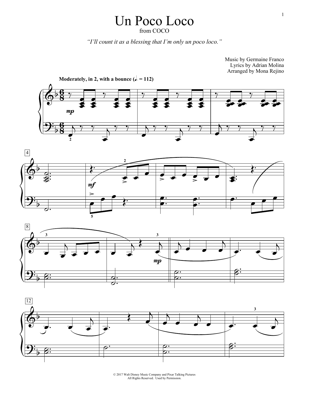 Un Poco Loco (from Coco) (arr. Mona Rejino) (Educational Piano) von Germaine Franco & Adrian Molina