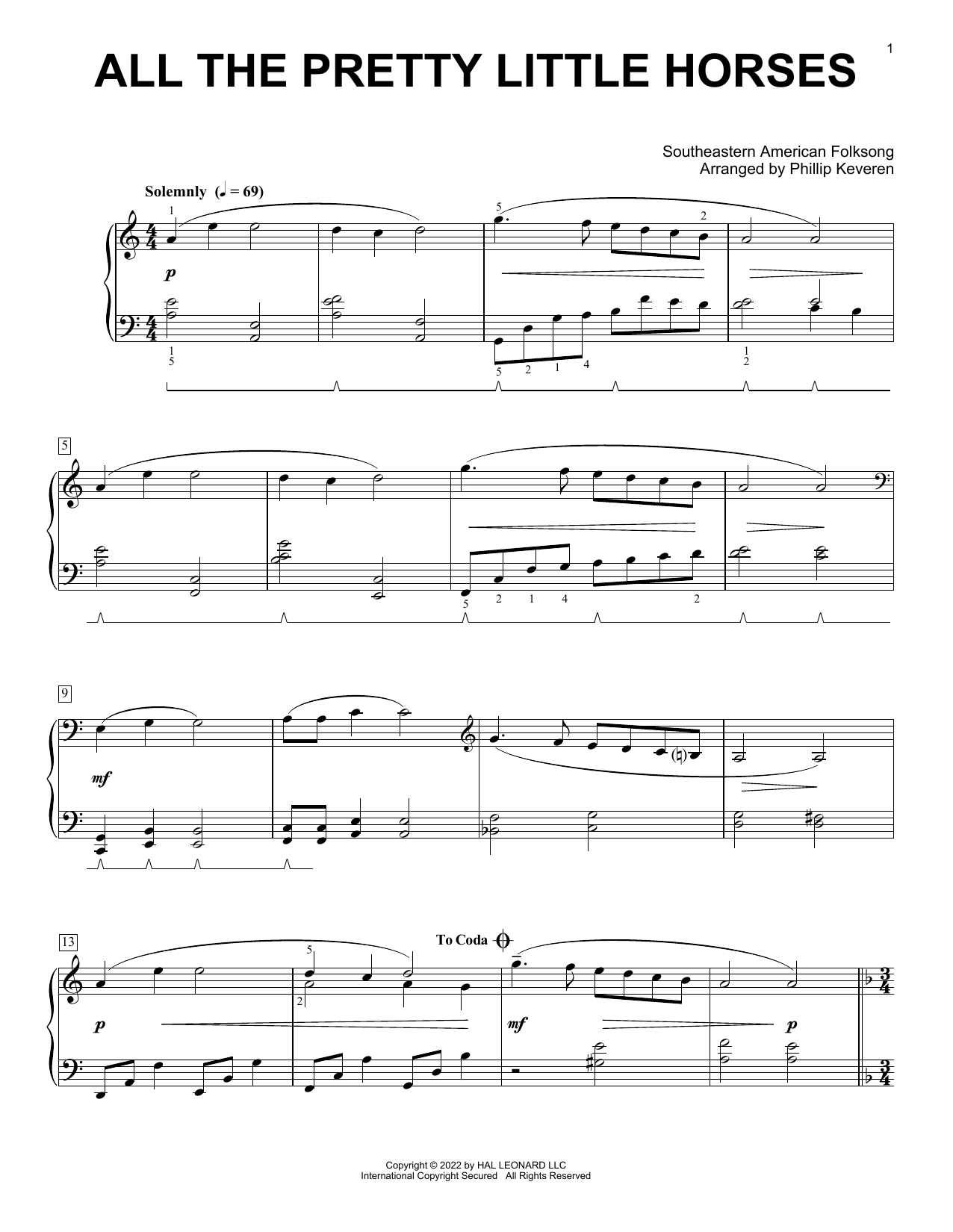 All The Pretty Little Horses (arr. Phillip Keveren) (Piano Solo) von Southeastern American Folksong