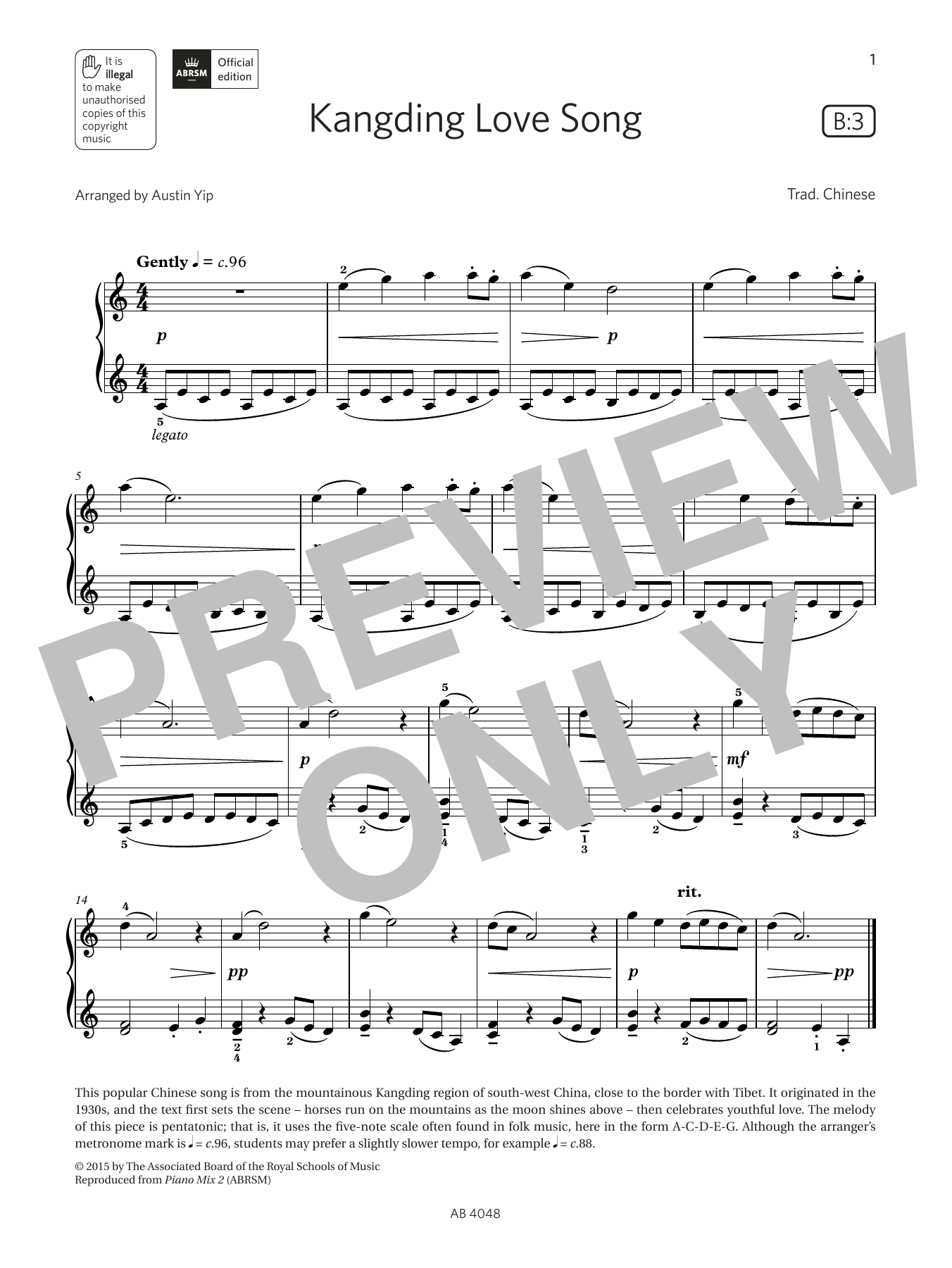 Kangding Love Song (Grade 2, list B3, from the ABRSM Piano Syllabus 2023 & 2024) (Piano Solo) von Austin Yip