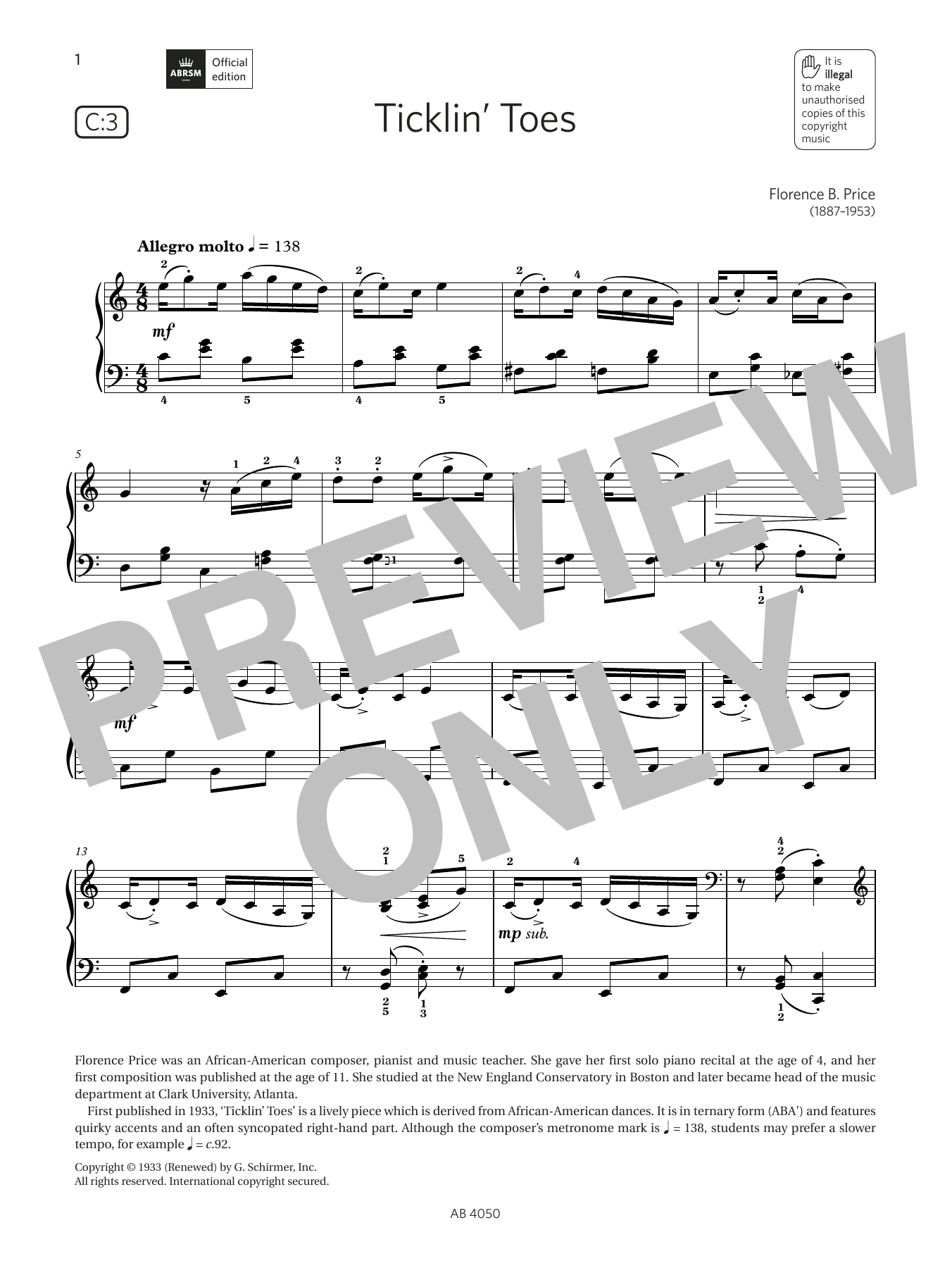 Ticklin Toes (Grade 4, list C3, from the ABRSM Piano Syllabus 2023 & 2024) (Piano Solo) von Florence B Price