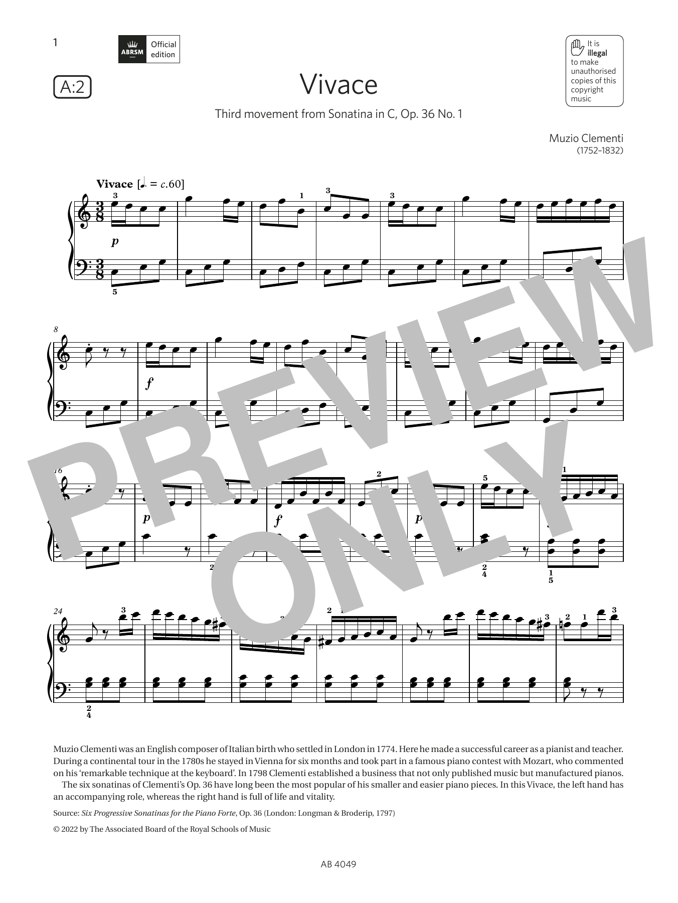 Vivace (Grade 3, list A2, from the ABRSM Piano Syllabus 2023 & 2024) (Piano Solo) von Muzio Clementi