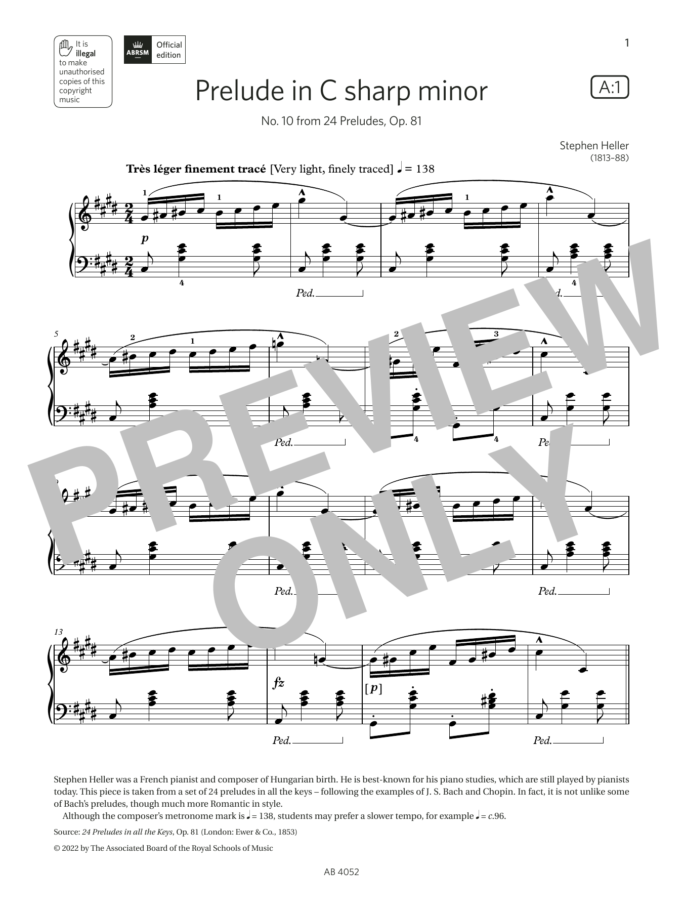 Prelude in C sharp minor (Grade 6, list A1, from the ABRSM Piano Syllabus 2023 & 2024) (Piano Solo) von Stephen Heller