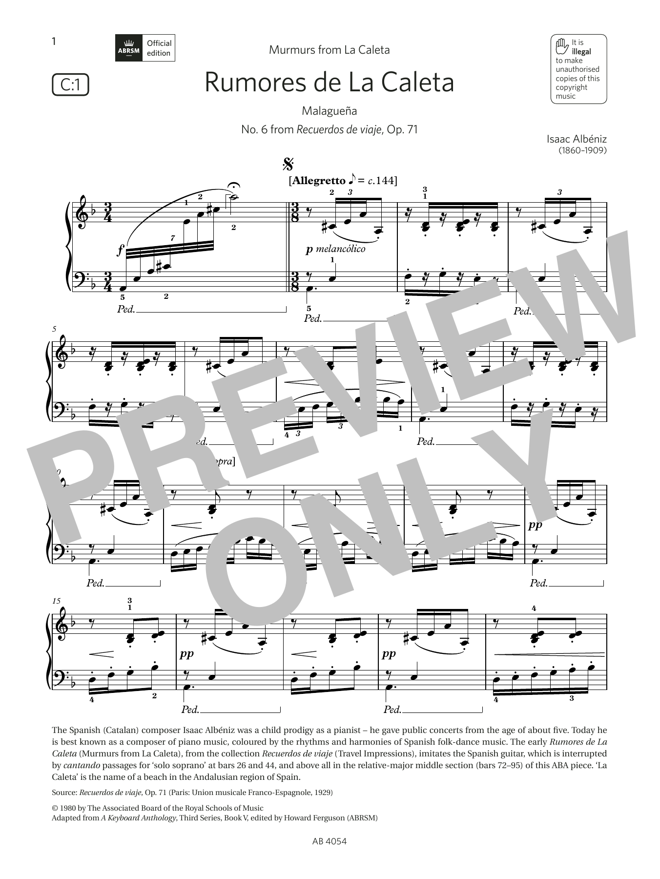 Rumores de La Caleta (Grade 8, list C1, from the ABRSM Piano Syllabus 2023 & 2024) (Piano Solo) von Isaac Albniz