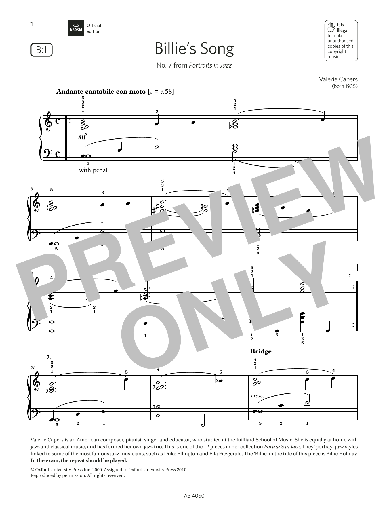 Billie's Song (Grade 4, list B1, from the ABRSM Piano Syllabus 2023 & 2024) (Piano Solo) von Valerie Capers