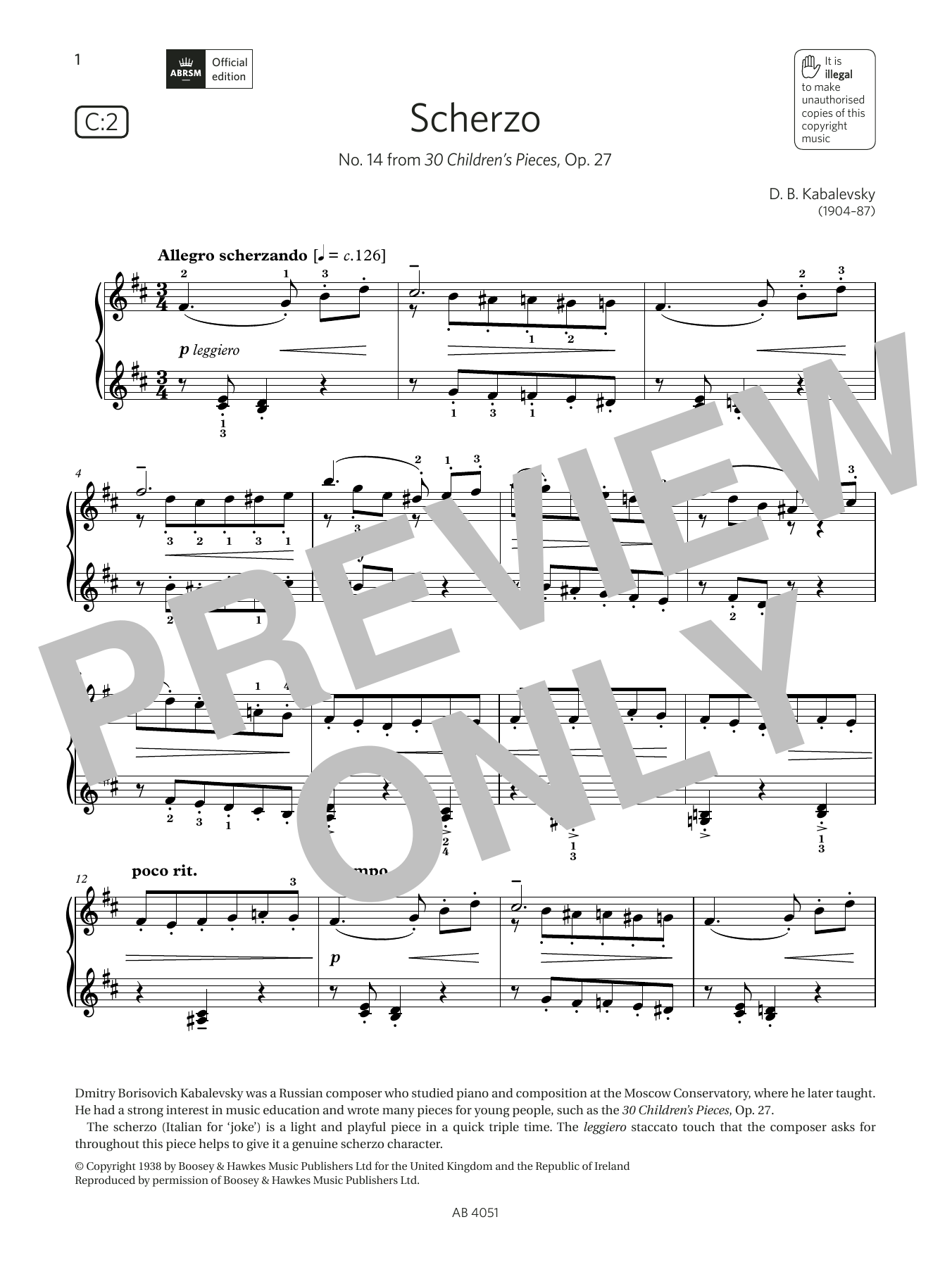 Scherzo (Grade 5, list C2, from the ABRSM Piano Syllabus 2023 & 2024) (Piano Solo) von D B Kabalevsky