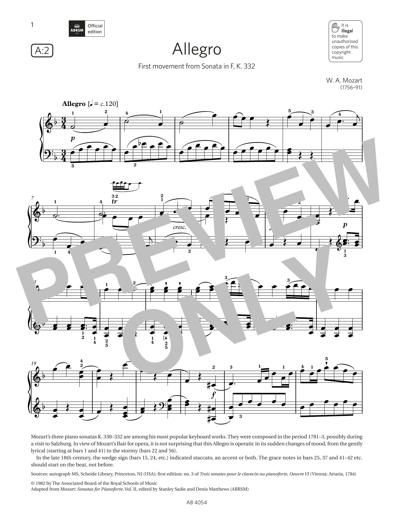 Allegro (Grade 8, list A2, from the ABRSM Piano Syllabus 2023 & 2024) (Piano Solo) von W A Mozart