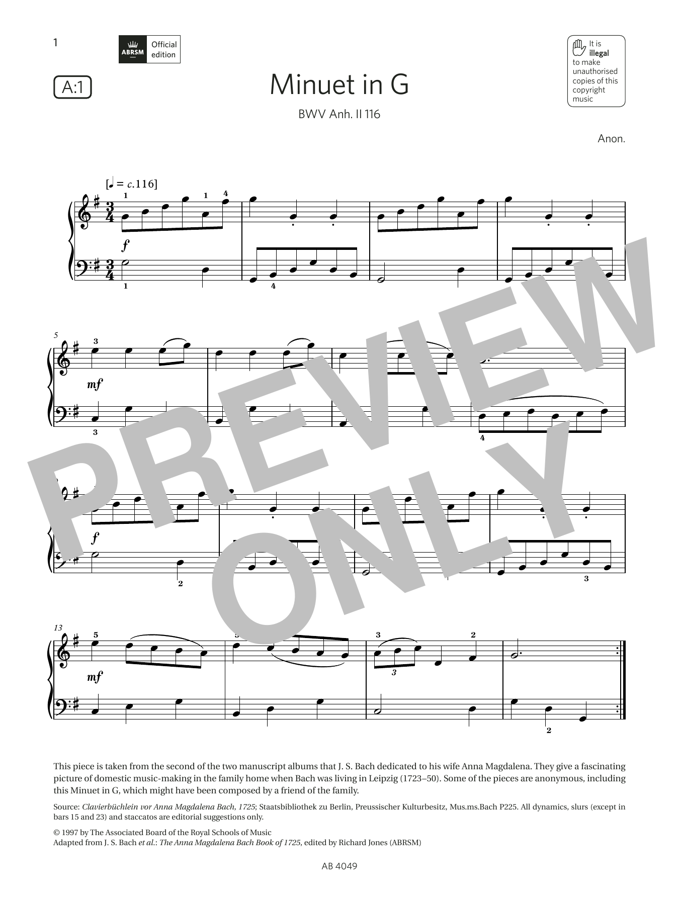 Minuet in G (Grade 3, list A1, from the ABRSM Piano Syllabus 2023 & 2024) (Piano Solo) von Anon