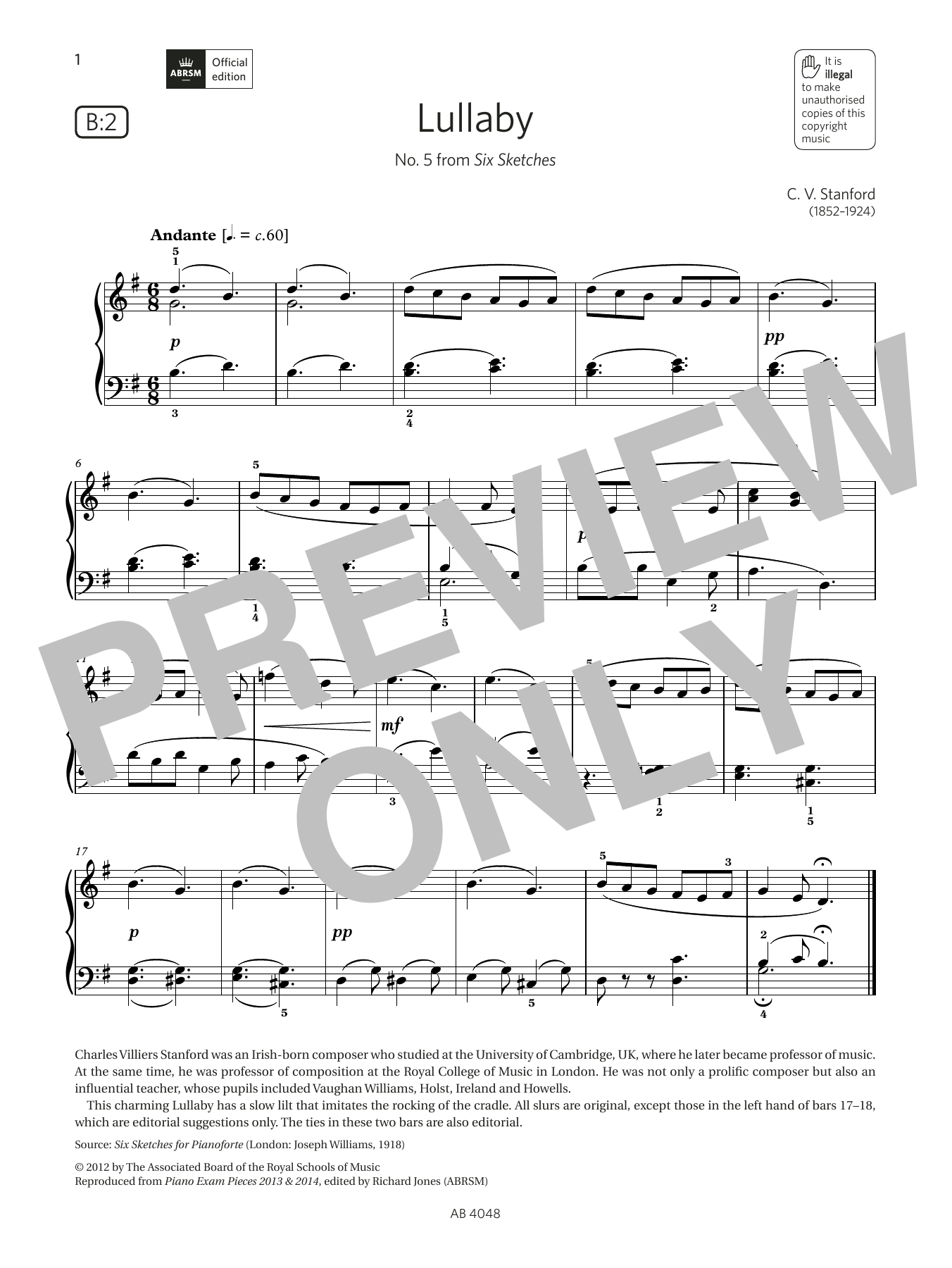 Lullaby (Grade 2, list B2, from the ABRSM Piano Syllabus 2023 & 2024) (Piano Solo) von C V Stanford