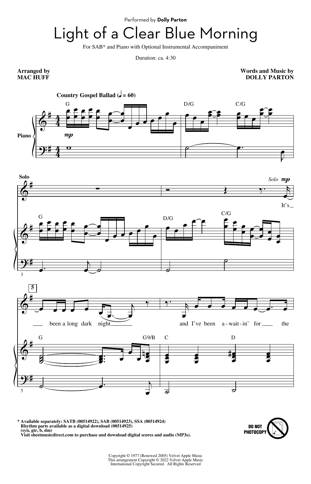 Light Of A Clear Blue Morning (arr. Mac Huff) (SAB Choir) von Dolly Parton