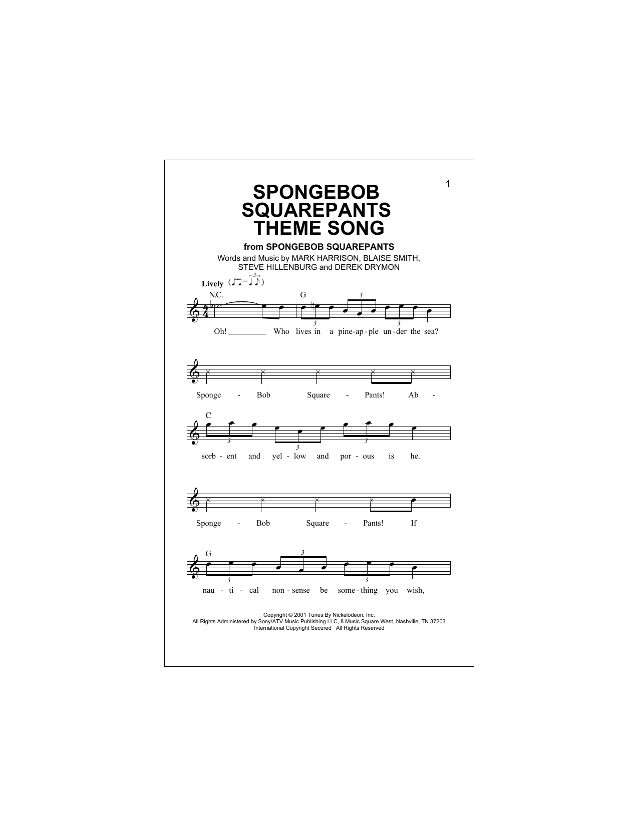 SpongeBob SquarePants Theme Song (Lead Sheet / Fake Book) von Mark Harrison