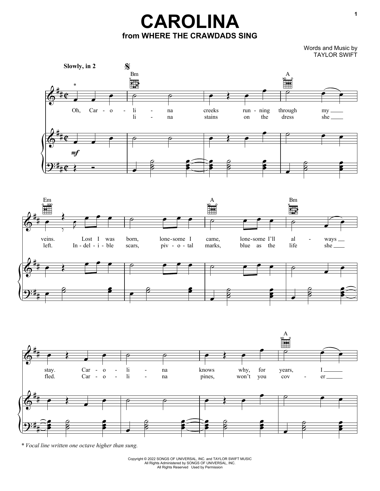 Carolina (from Where The Crawdads Sing) (Piano, Vocal & Guitar Chords (Right-Hand Melody)) von Taylor Swift