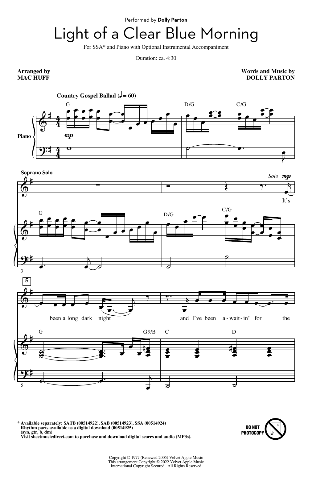 Light Of A Clear Blue Morning (arr. Mac Huff) (SSA Choir) von Dolly Parton
