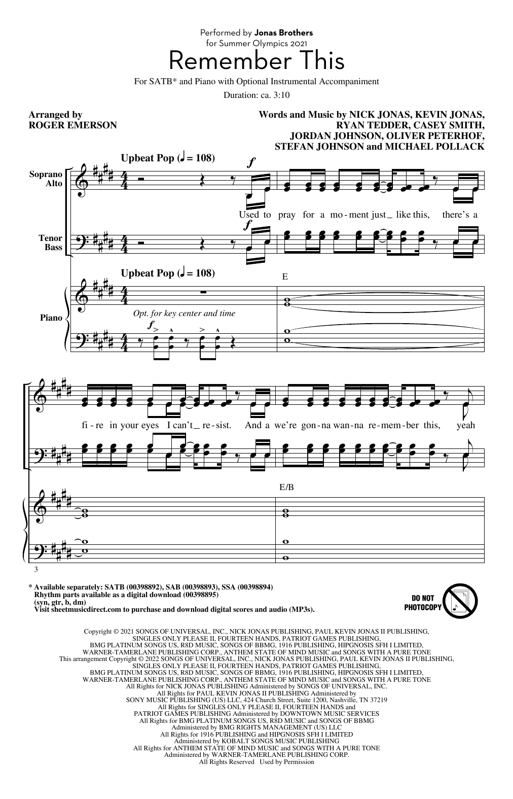 Remember This (arr. Roger Emerson) (SATB Choir) von Jonas Brothers