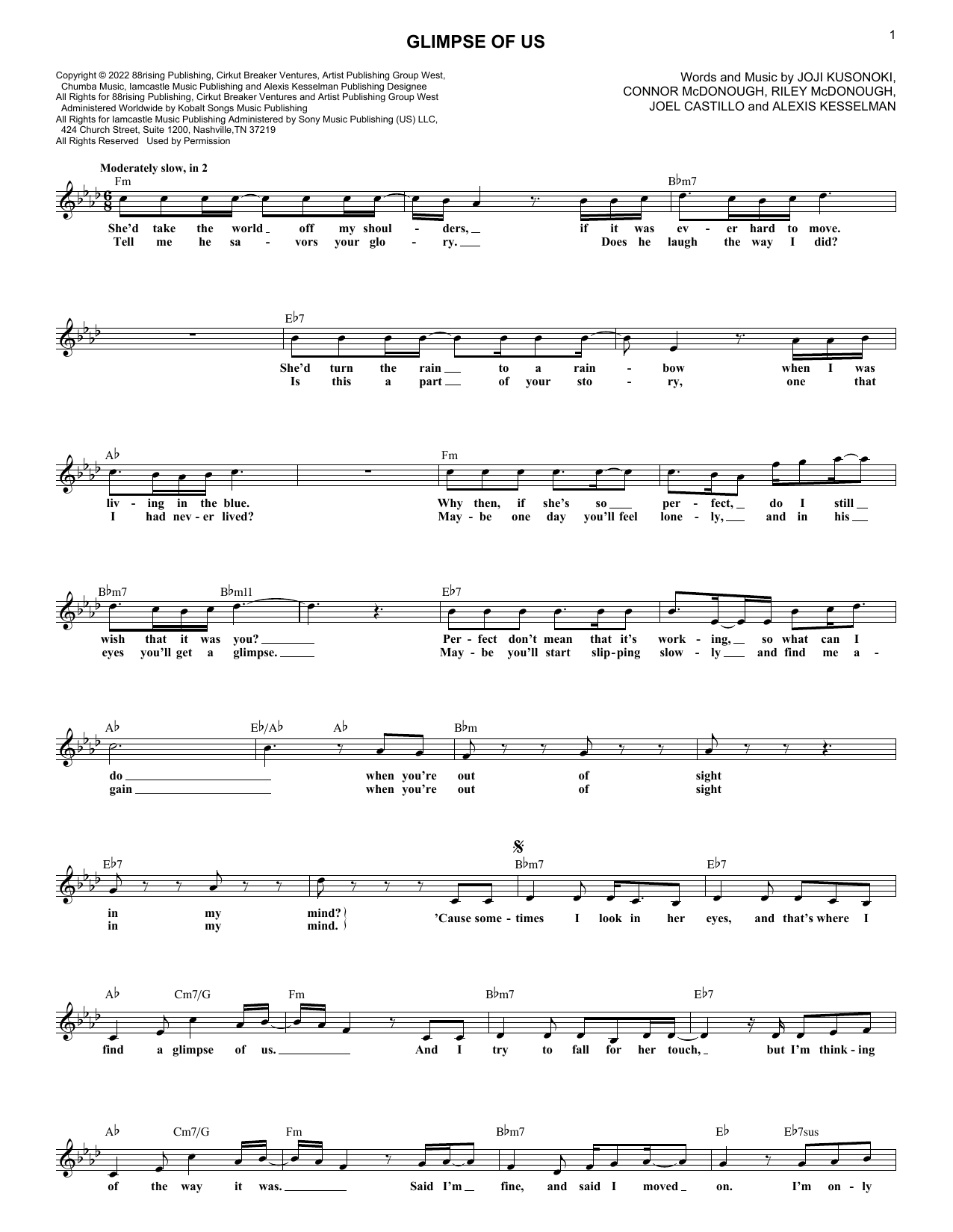 Glimpse Of Us (Lead Sheet / Fake Book) von Joji