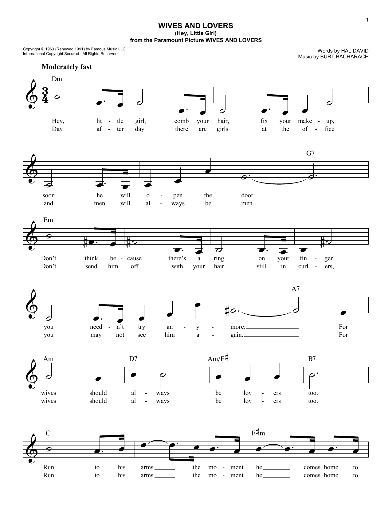 Wives And Lovers (Hey, Little Girl) (Lead Sheet / Fake Book) von Burt Bacharach