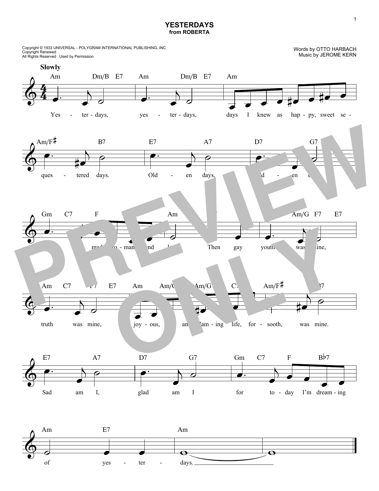 Yesterdays (Lead Sheet / Fake Book) von Jerome Kern