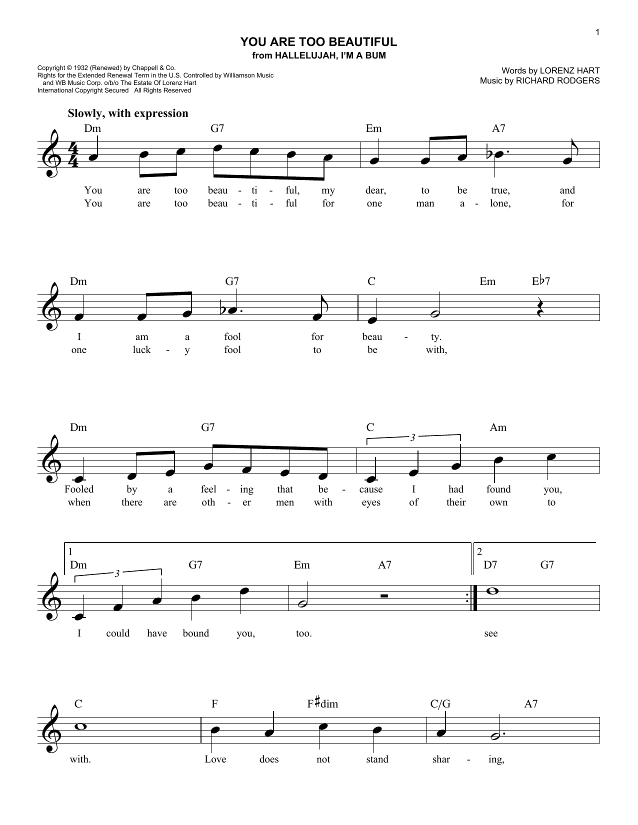 You Are Too Beautiful (Lead Sheet / Fake Book) von Rodgers & Hart