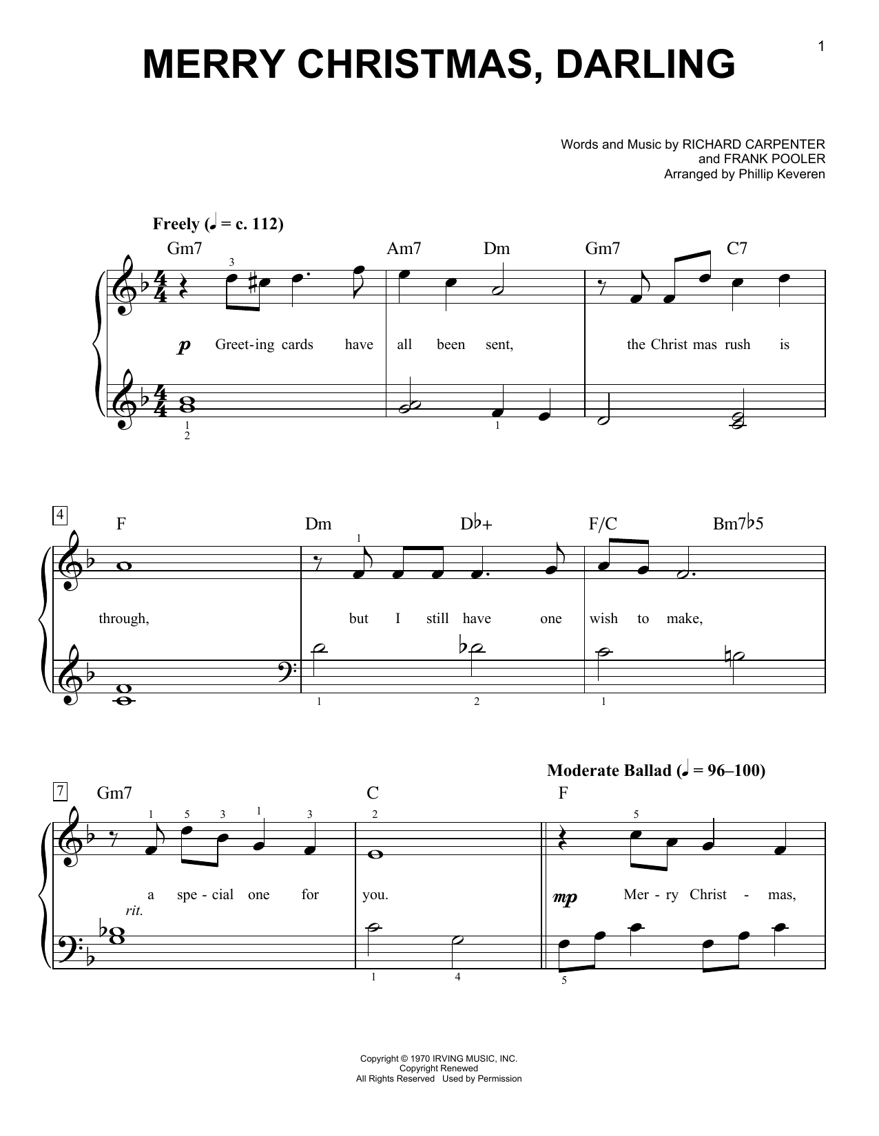 Merry Christmas, Darling (arr. Phillip Keveren) (Easy Piano) von Carpenters