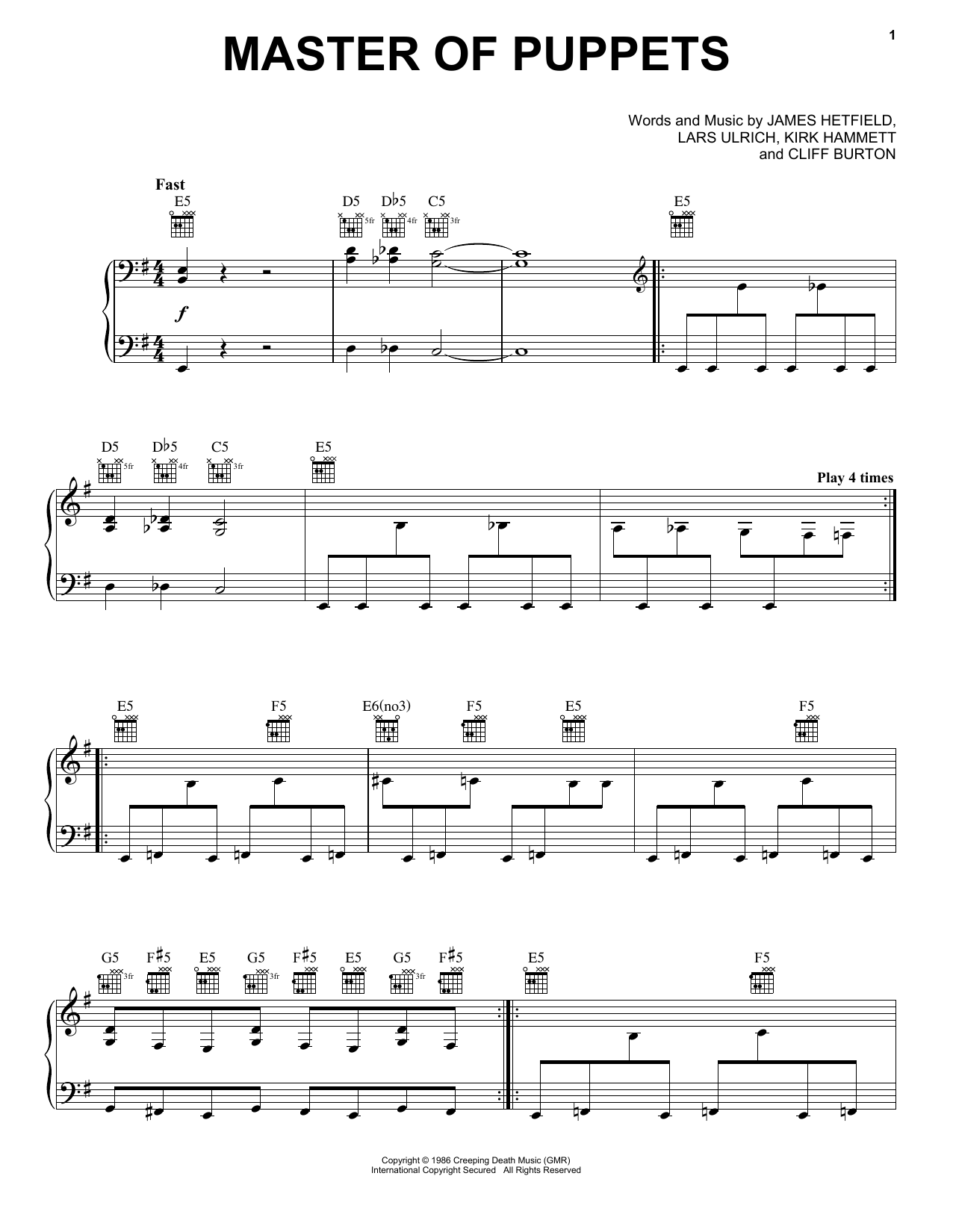 Master Of Puppets (Piano, Vocal & Guitar Chords (Right-Hand Melody)) von Metallica