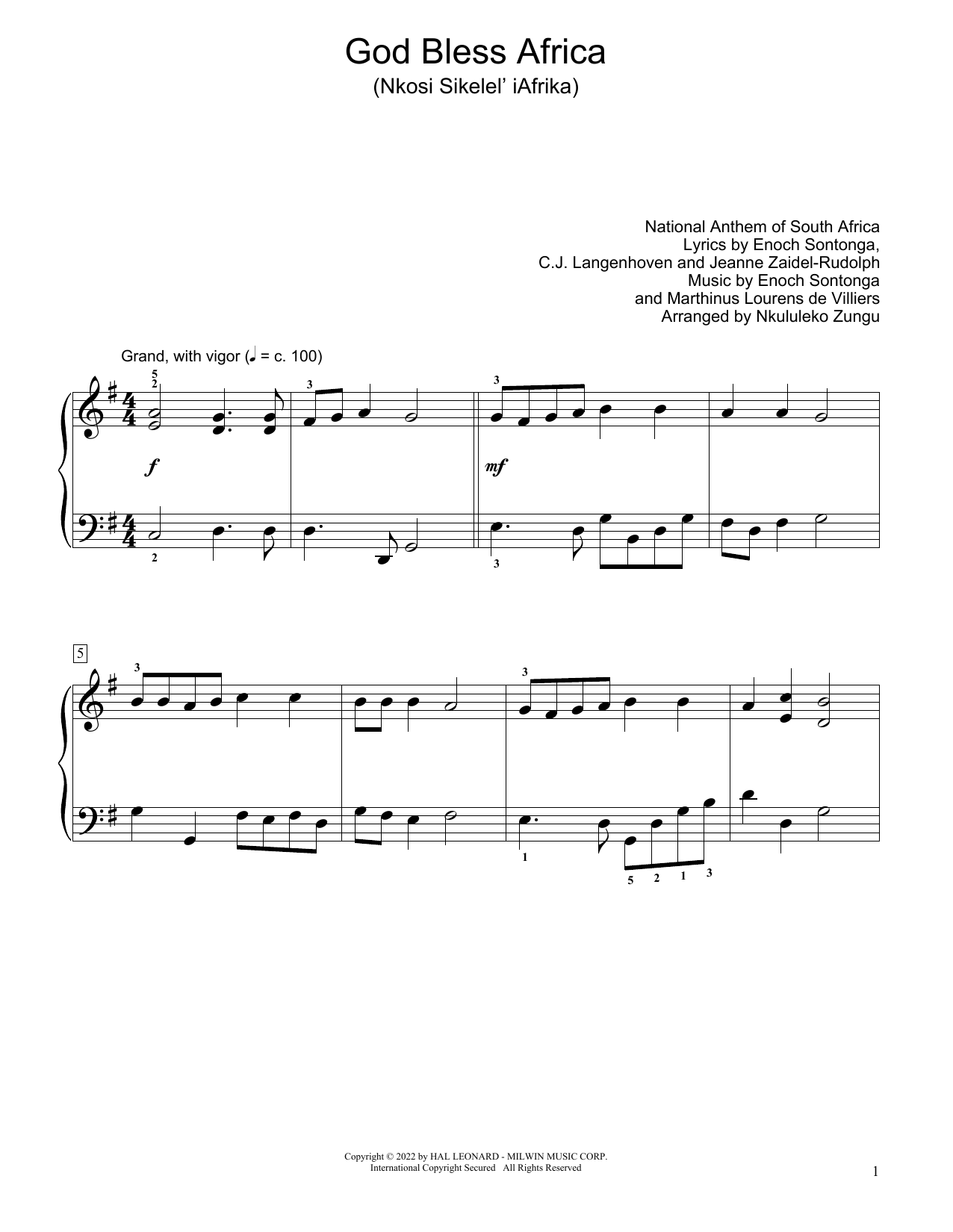 God Bless Africa (Nkosi Sikelel' Iafrika) (arr. Nkululeko Zungu) (Educational Piano) von National Anthem of South Africa
