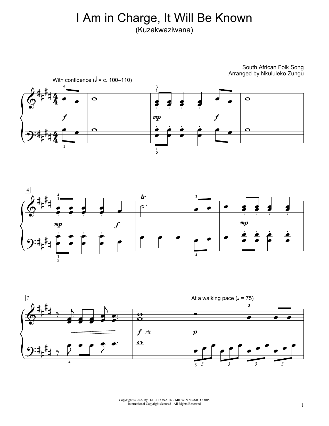 I Am In Charge, It Will Be Known (Kuzakwaziwana) (arr. Nkululeko Zungu) (Educational Piano) von South African folk song